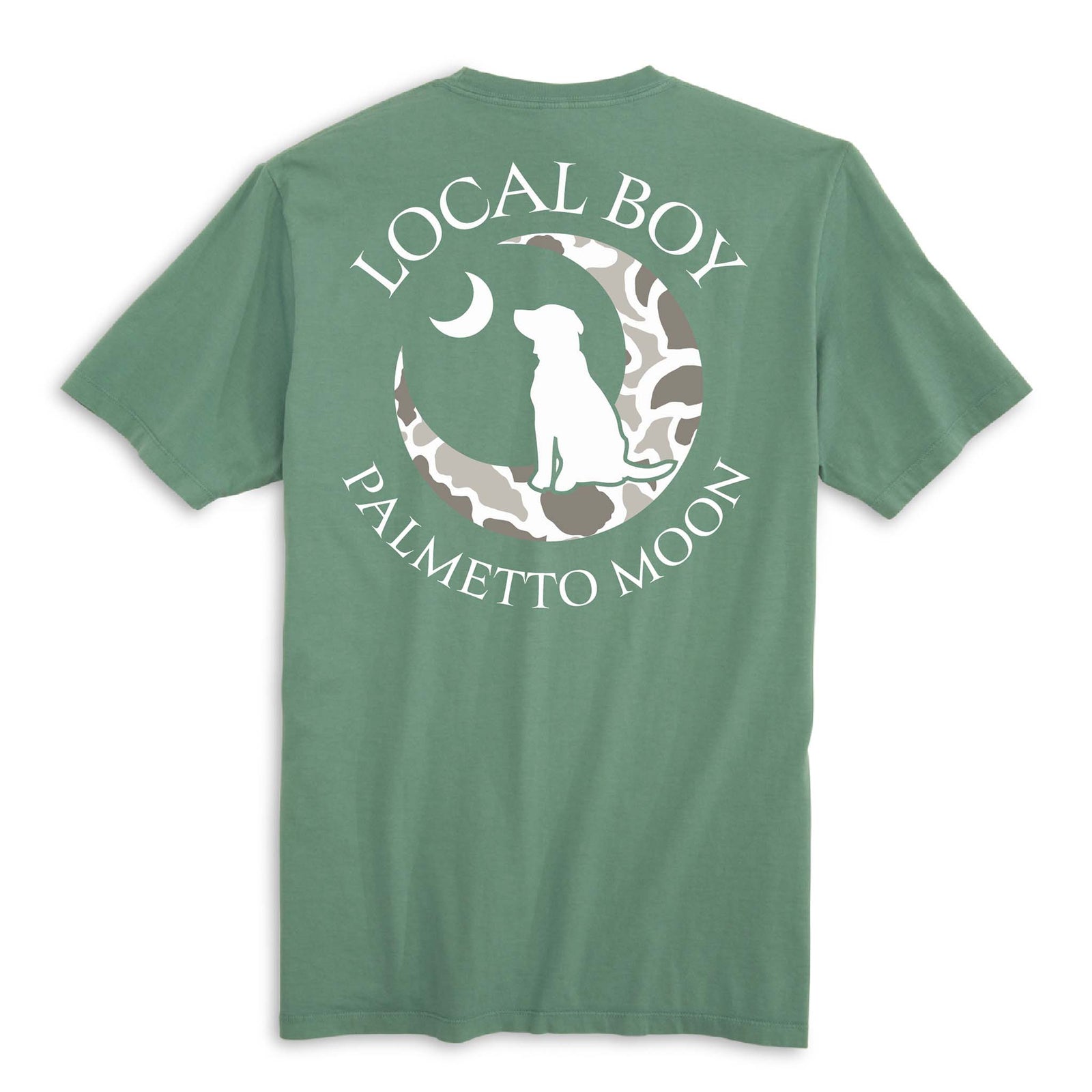 Local Boy Palmetto Moon light green t-shirt with large back graphic featuring a dog silhouette inside a camo crescent moon and a small crescent above.