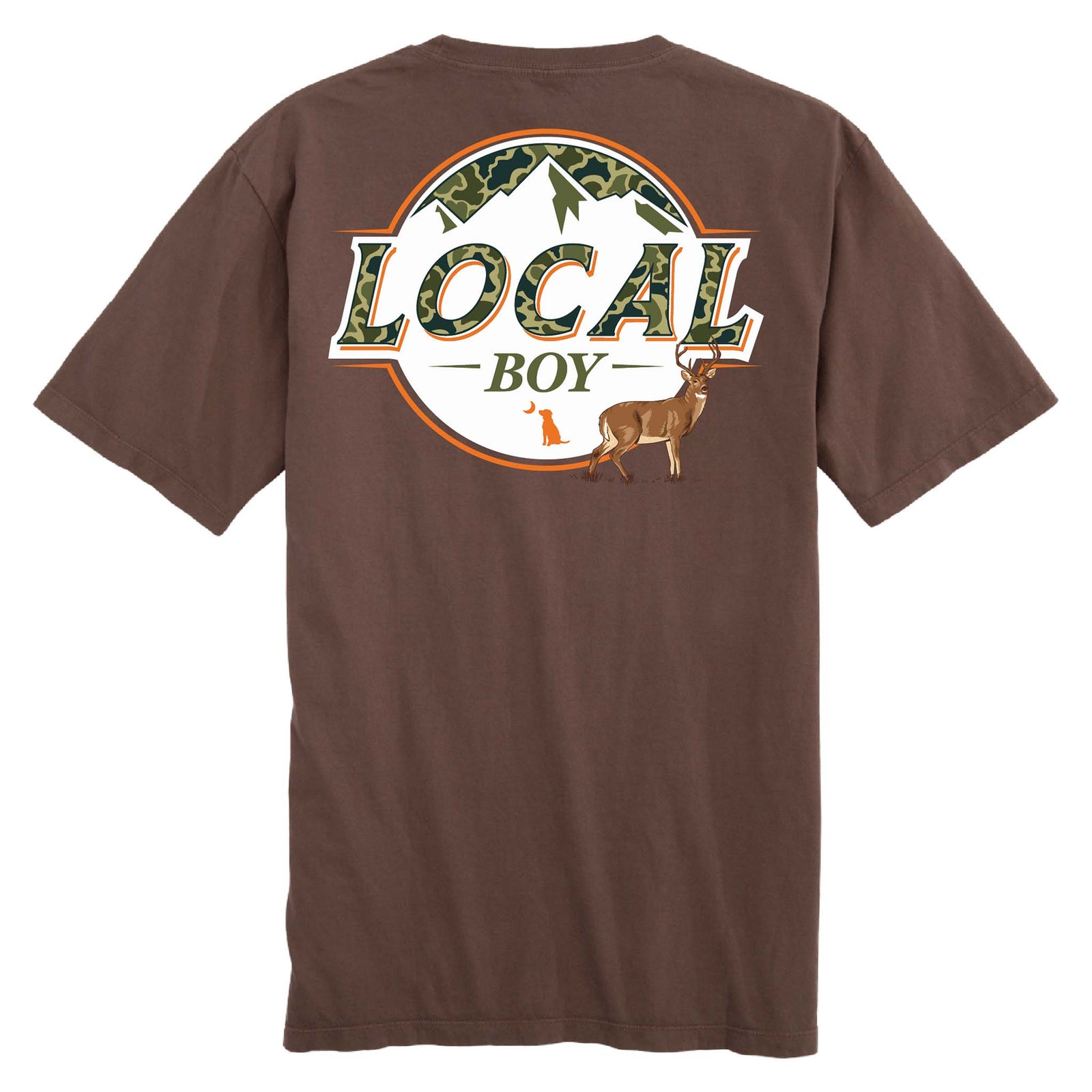 Brown t-shirt with 'LOCAL BOY' graphic on the back, featuring a deer and mountain design.