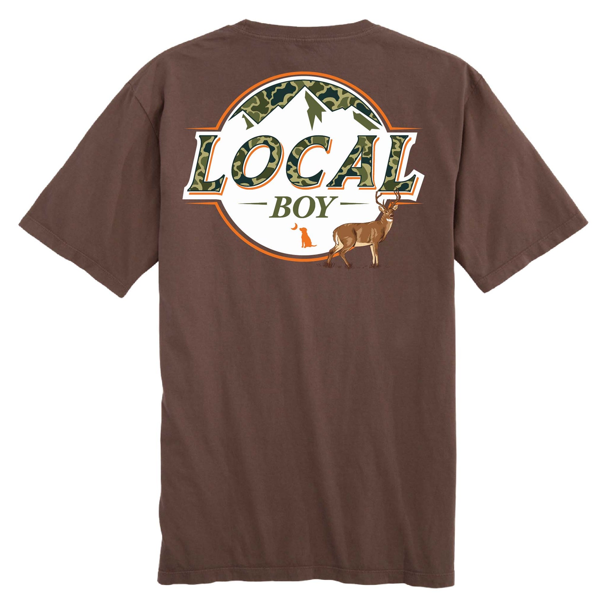 Brown t-shirt with 'LOCAL BOY' graphic on the back, featuring a deer and mountain design.