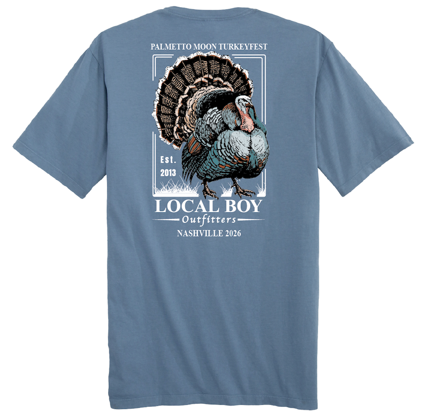 Local Boy Outfitters Slate Blue t-shirt with a turkey graphic and text on the back