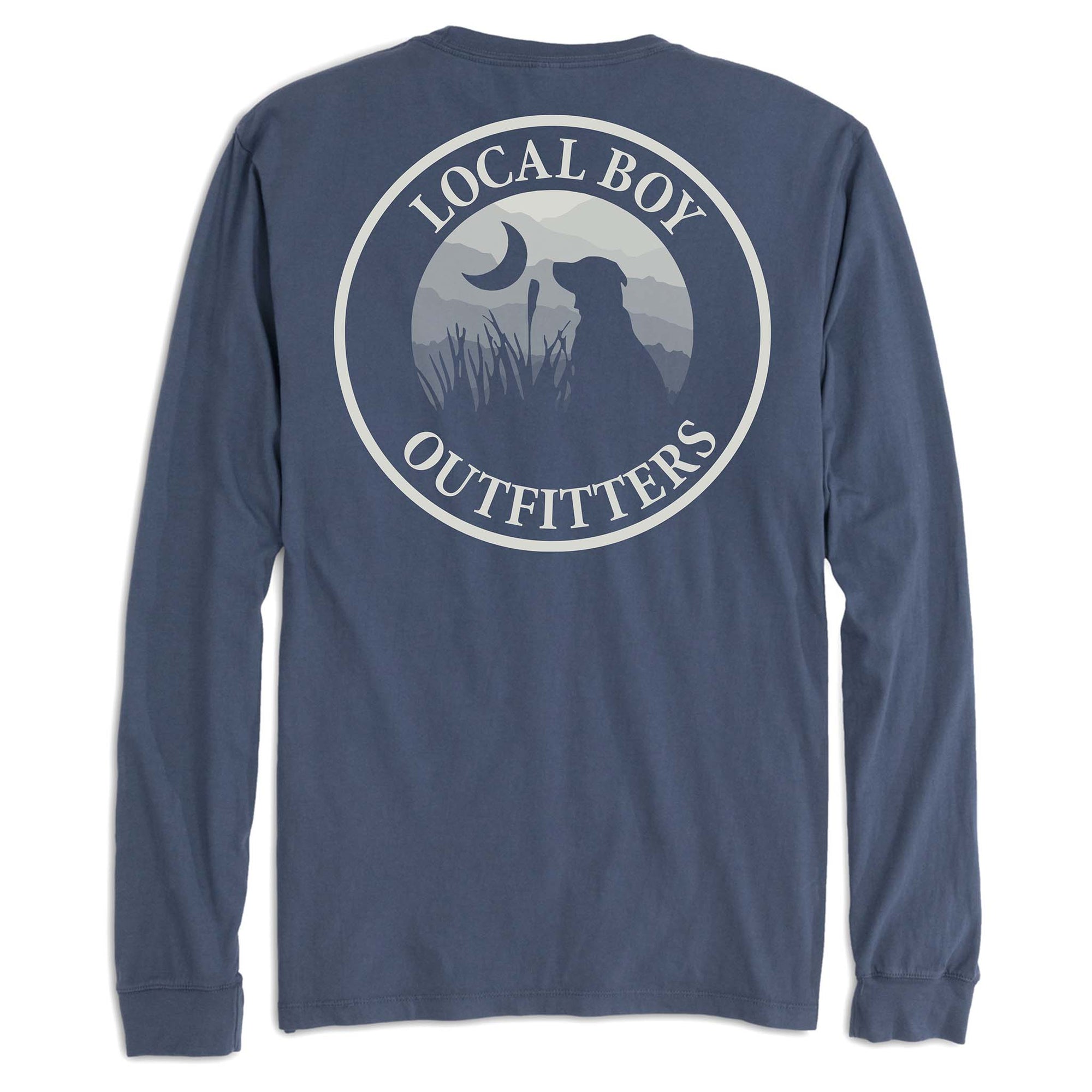Navy long-sleeve shirt with 'Local Boy Outfitters' logo on the back