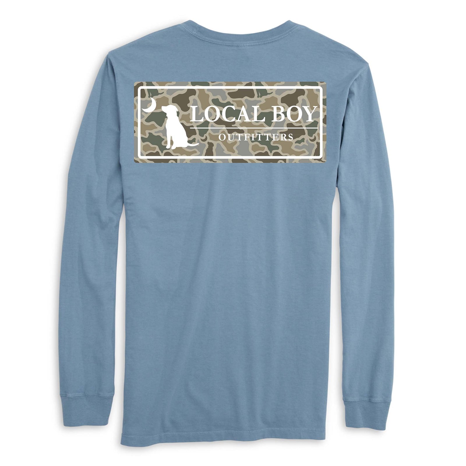 Blue long-sleeve shirt with 'Local Boy Outfitters' logo on a white background