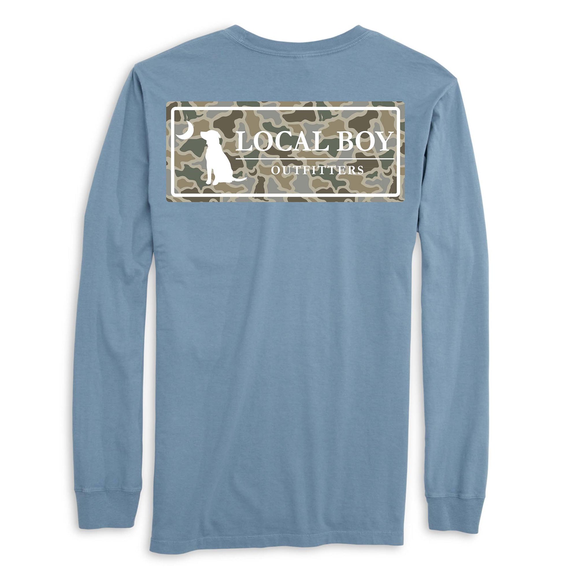 Blue long-sleeve shirt with 'Local Boy Outfitters' logo on a white background