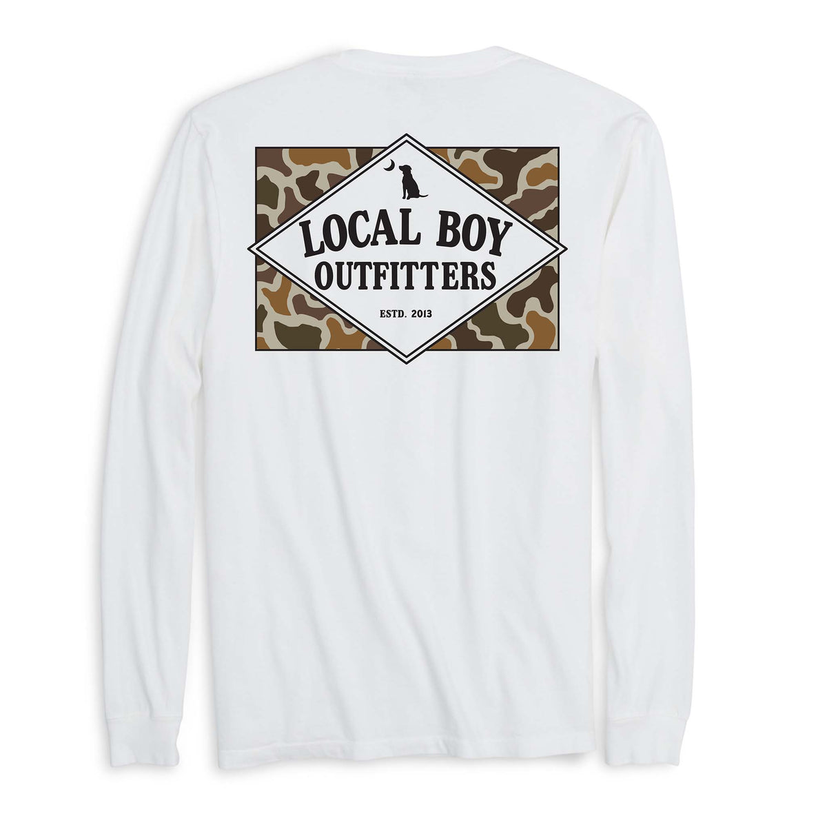 White long-sleeve shirt with 'Local Boy Outfitters' logo on a white background