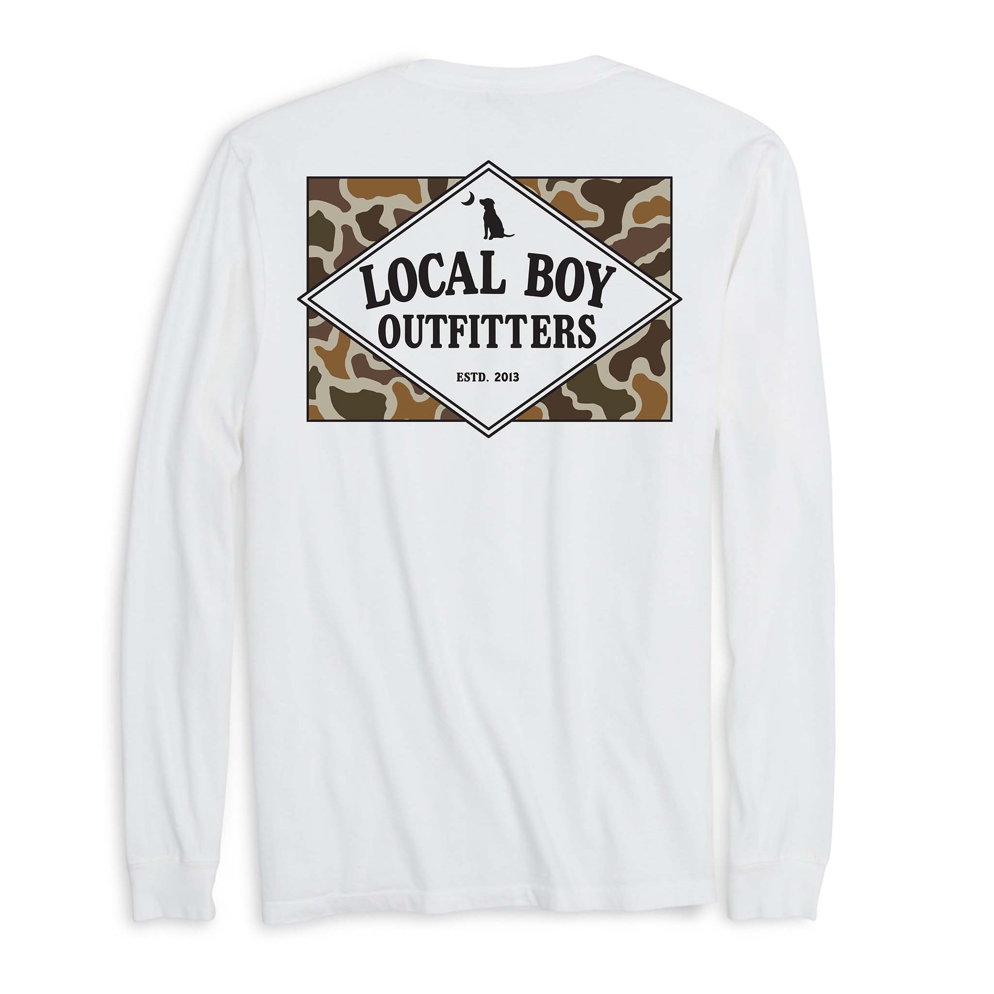 White long-sleeve shirt with 'Local Boy Outfitters' logo on a white background