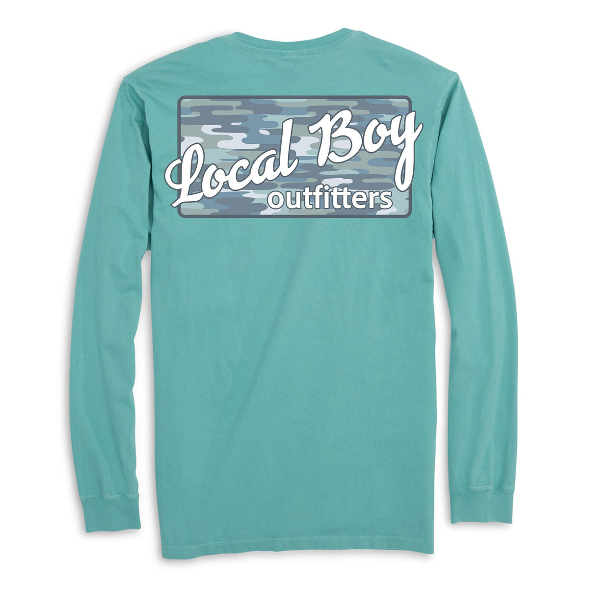 Teal long-sleeve shirt with 'Local Boy Outfitters' logo on a white background