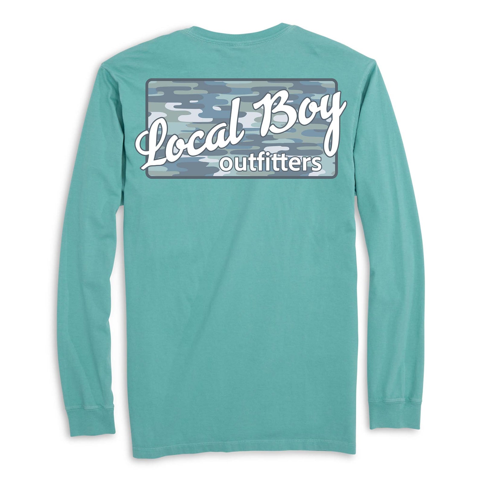 Teal long-sleeve shirt with 'Local Boy Outfitters' logo on a white background