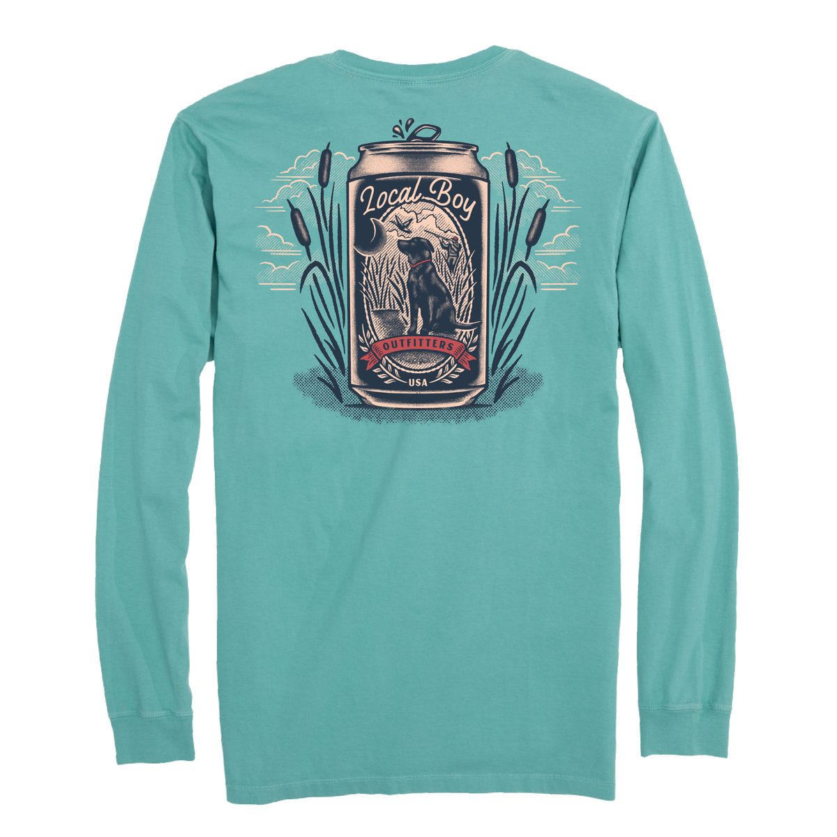 Local Boy Outfitters long sleeve t-shirt in seafoam green featuring a large back graphic of a beverage can design with a black lab dog, cattails, and red banner accents, framed by “Local Boy Outfitters USA” text.