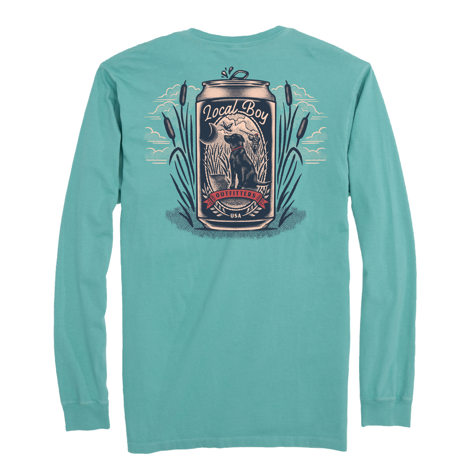 Local Boy Outfitters long sleeve t-shirt in seafoam green featuring a large back graphic of a beverage can design with a black lab dog, cattails, and red banner accents, framed by “Local Boy Outfitters USA” text.