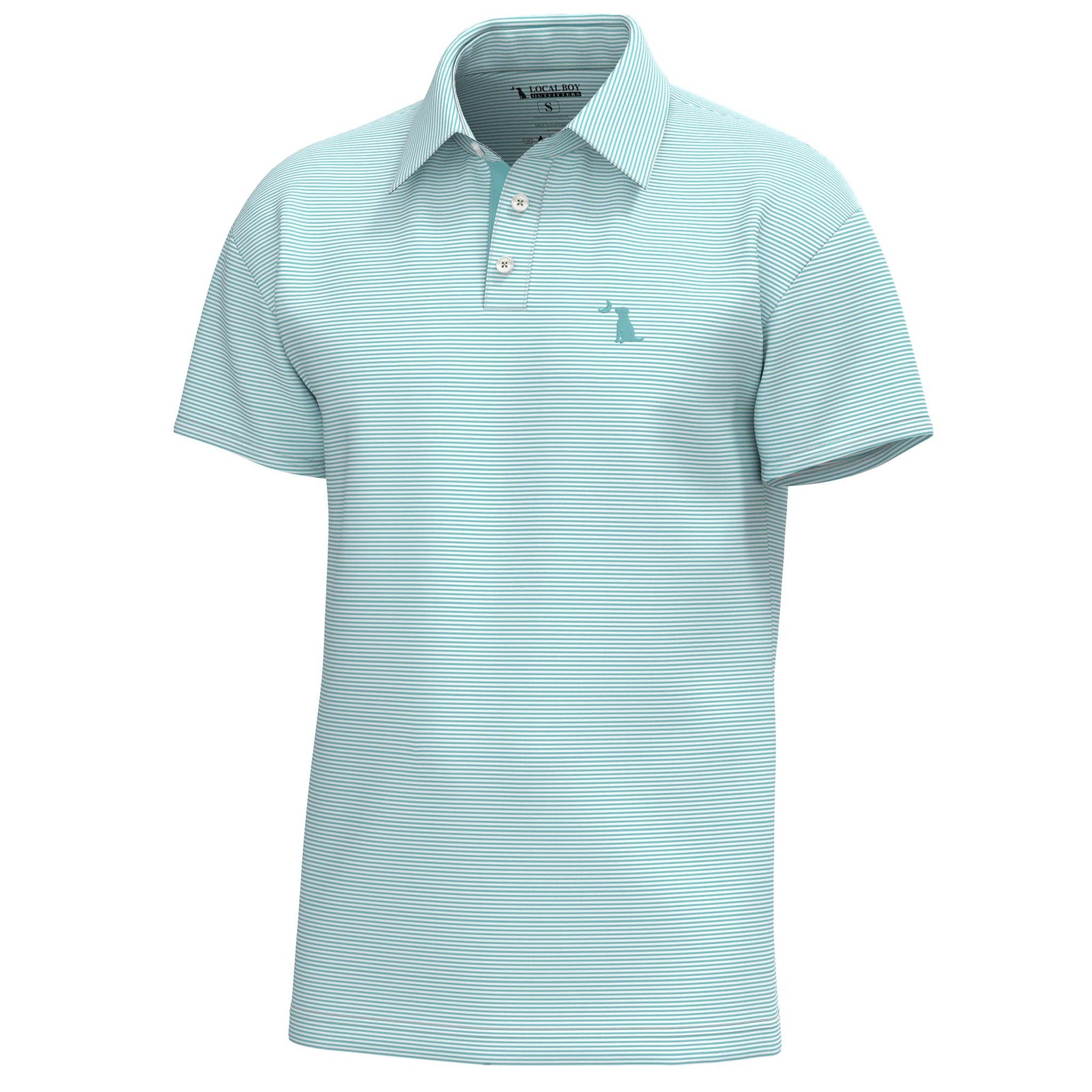 Light blue striped polo shirt with a small logo on a white background