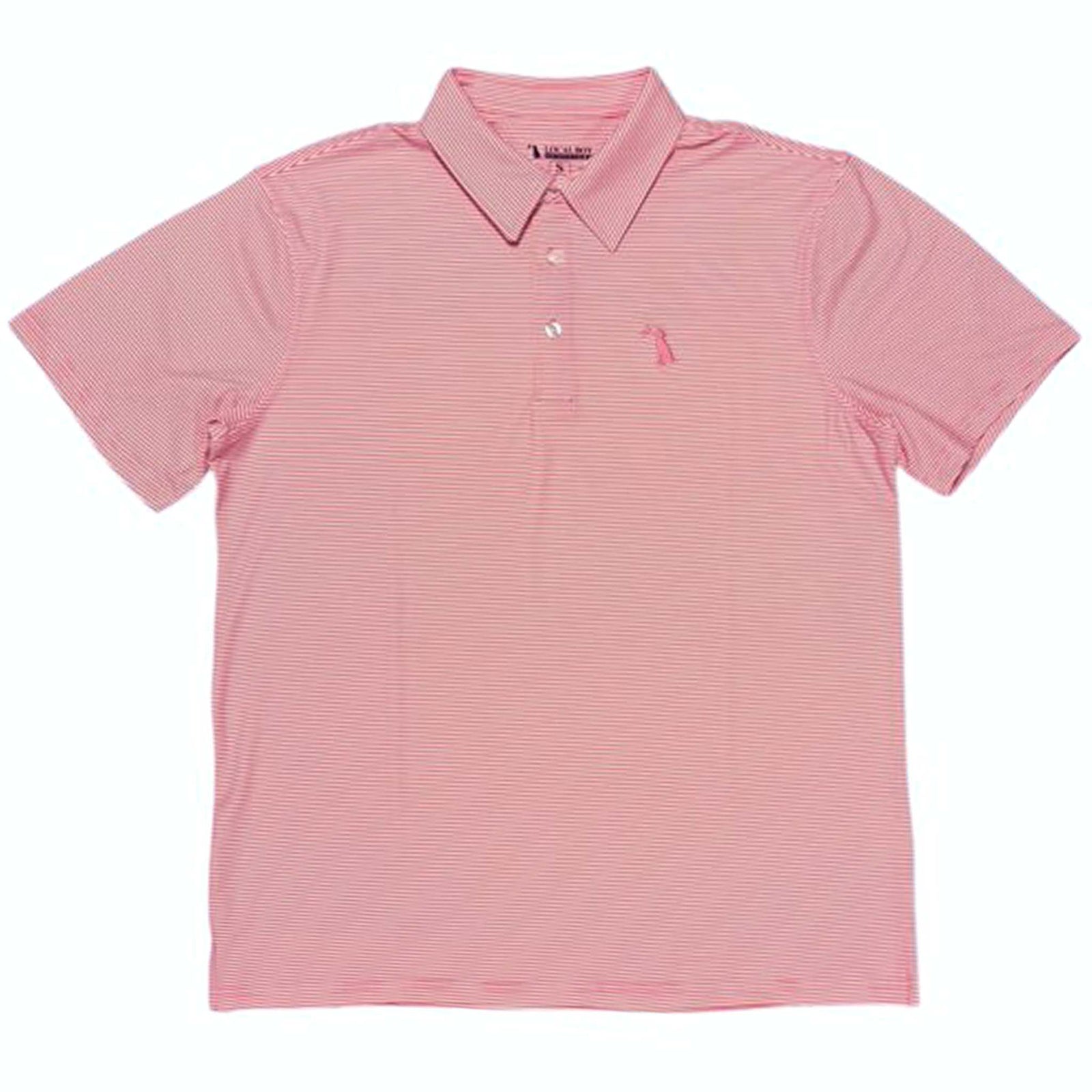 Local Boy Outfitters Palms Striped Polo in dark coral shown on a white background.