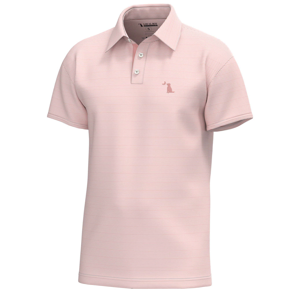 Pink striped polo shirt with a small logo on a white background