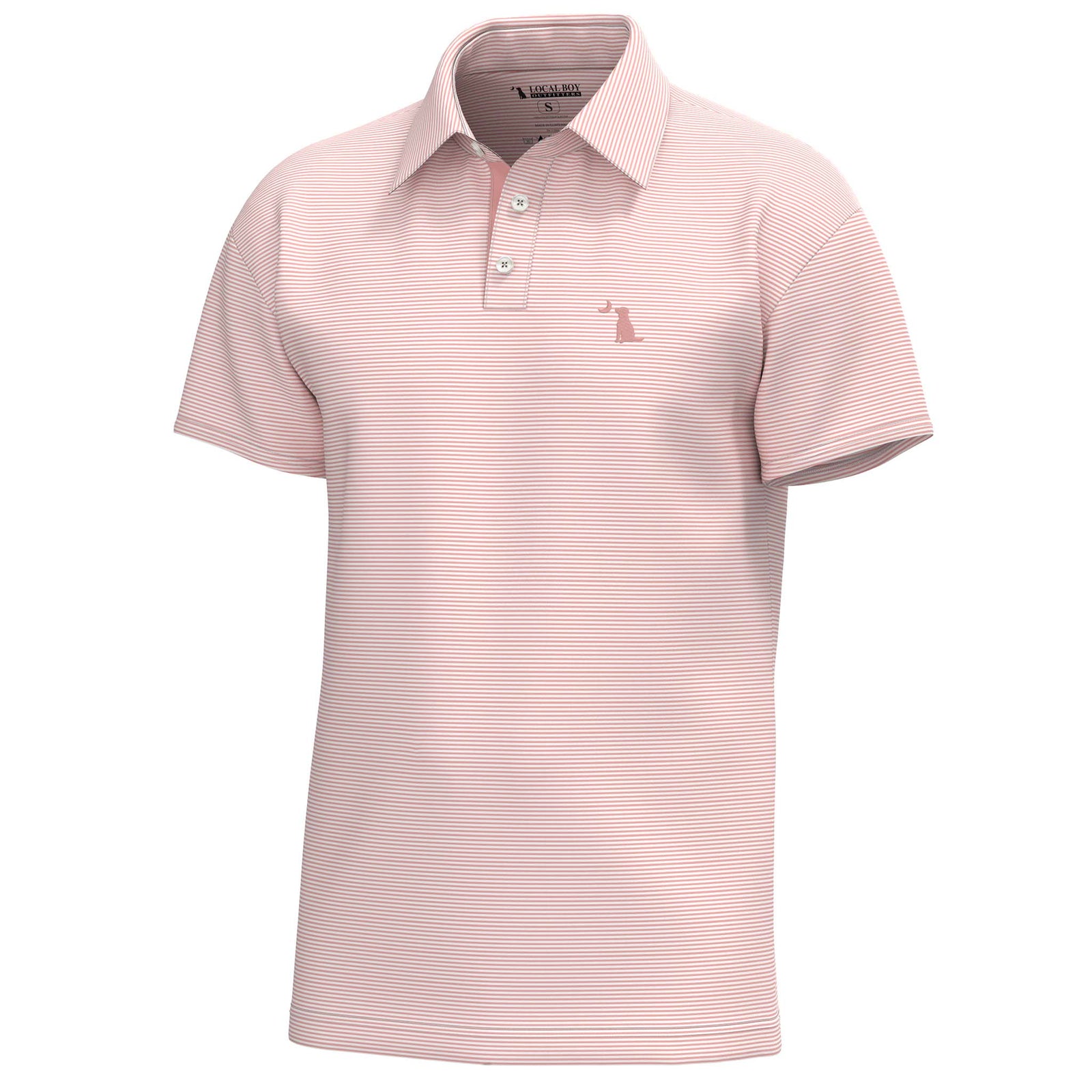 Pink striped polo shirt with a small logo on a white background
