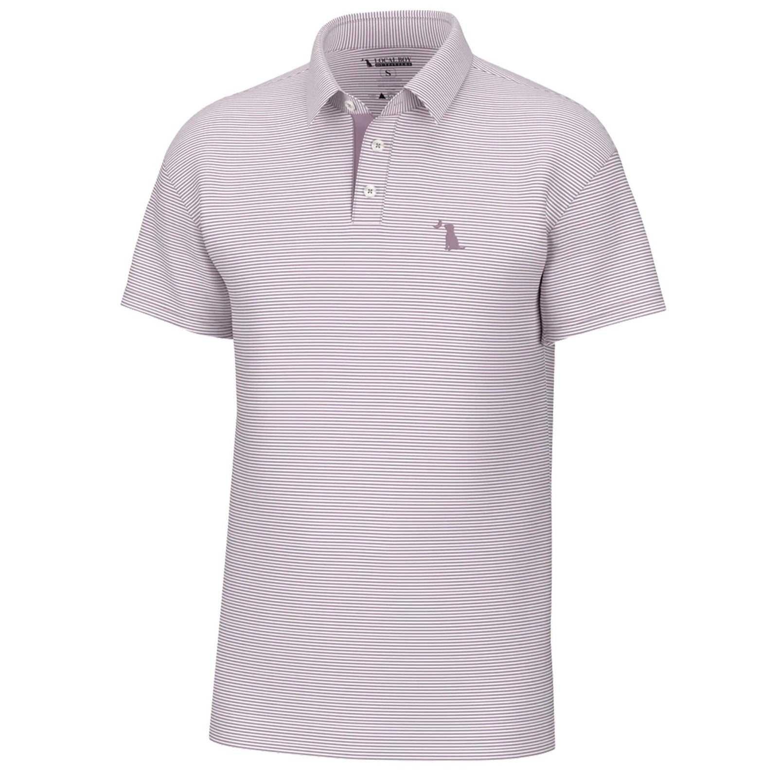 Local Boy Outfitters Men's Palms Short Sleeve Polo, color mauve and white stripe, sizes S-XXL, 88% Polyester 12% Spandex.
Short-sleeve men's polo shirt from Local Boy Outfitters in a mauve and white micro-stripe pattern, featuring a button placket, structured collar, and an embroidered dog logo on the left chest.