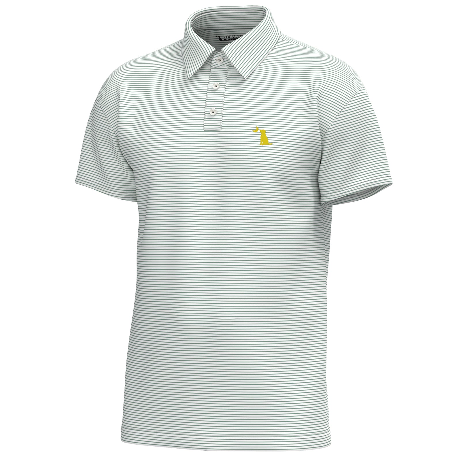 Local Boy Outfitters Sage and white Striped polo shirt with a small logo on a white background