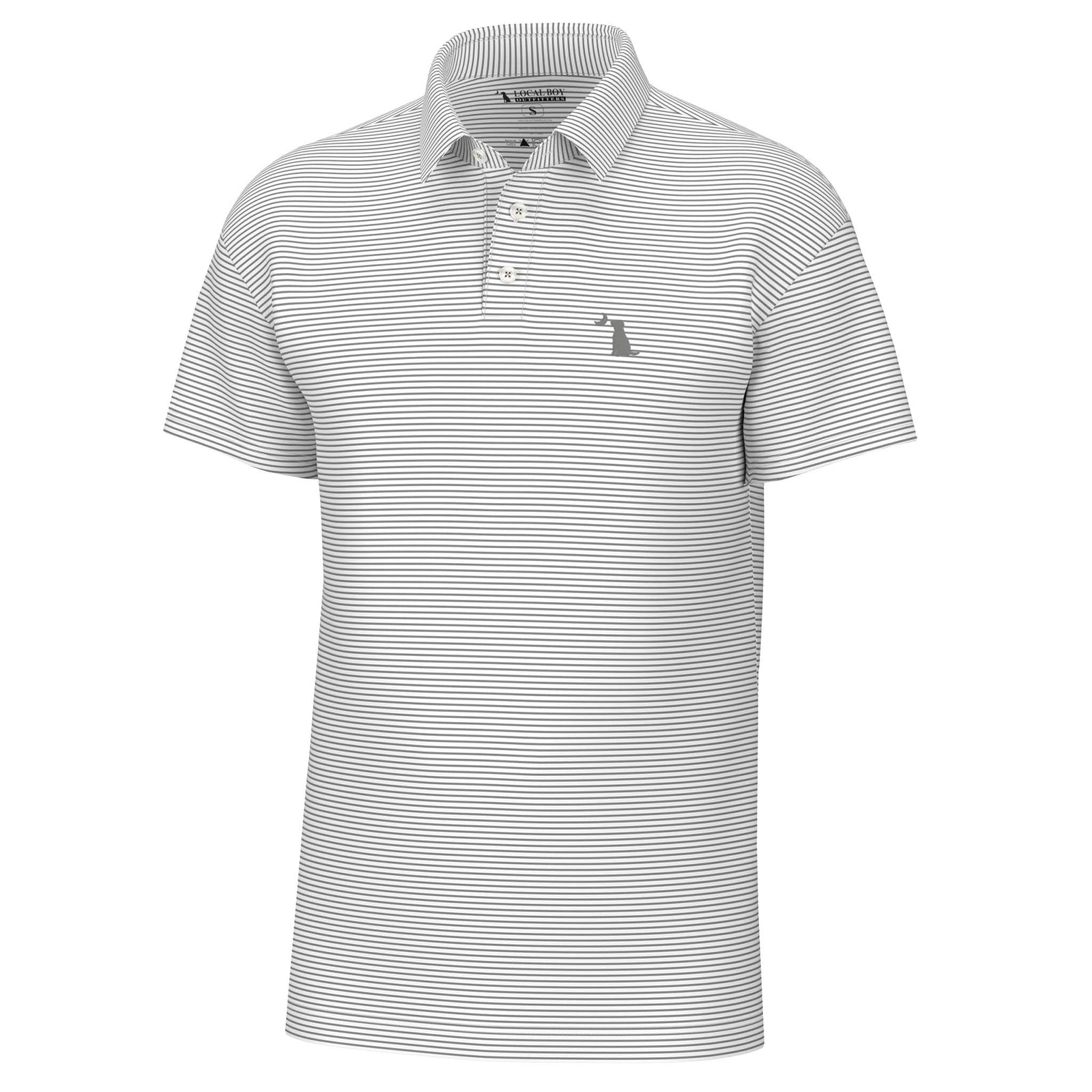 Local Boy Outfitters Driftwood Striped Polo in Cool Grey, short-sleeve polo with embroidered dog logo and subtle stripe pattern.