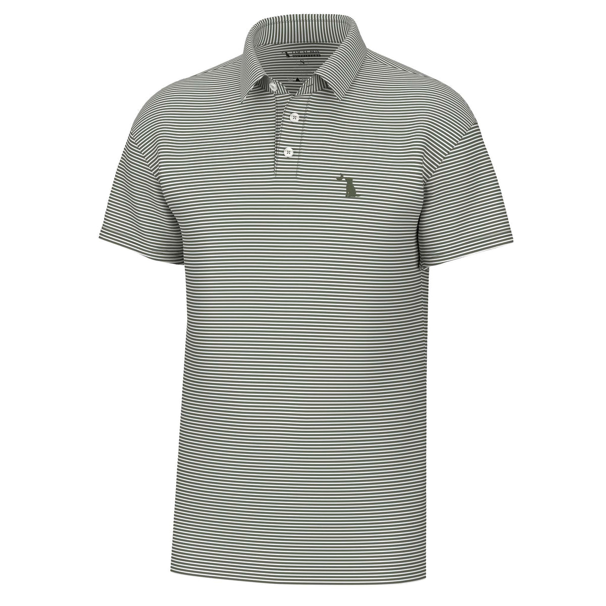 Local Boy Outfitters Driftwood Striped Polo in Dark Sage, short-sleeve design with subtle stripes and embroidered dog logo on chest.