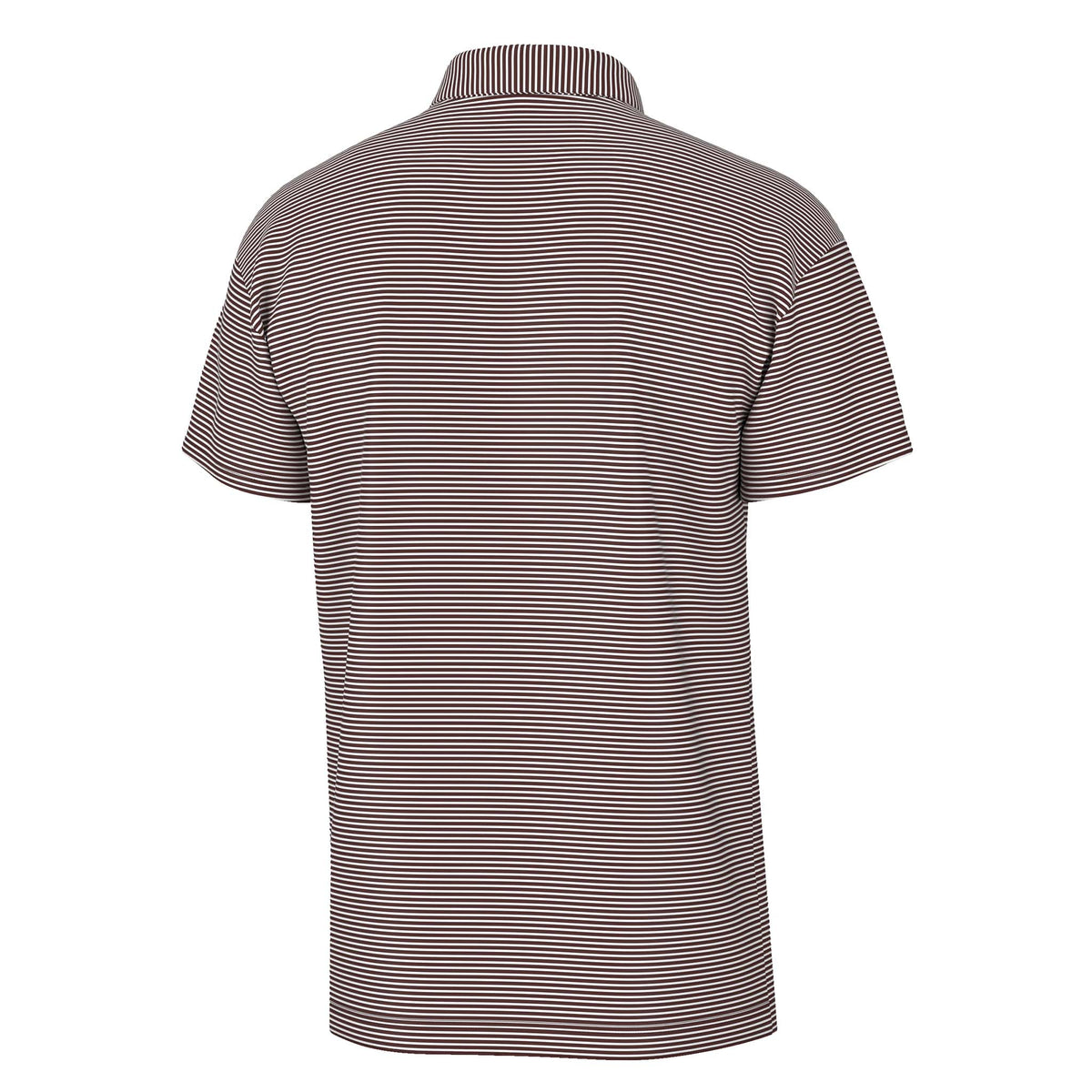 Back view of Local Boy Outfitters Driftwood Striped Polo in Maroon with all-over stripe design and standard polo fit.
