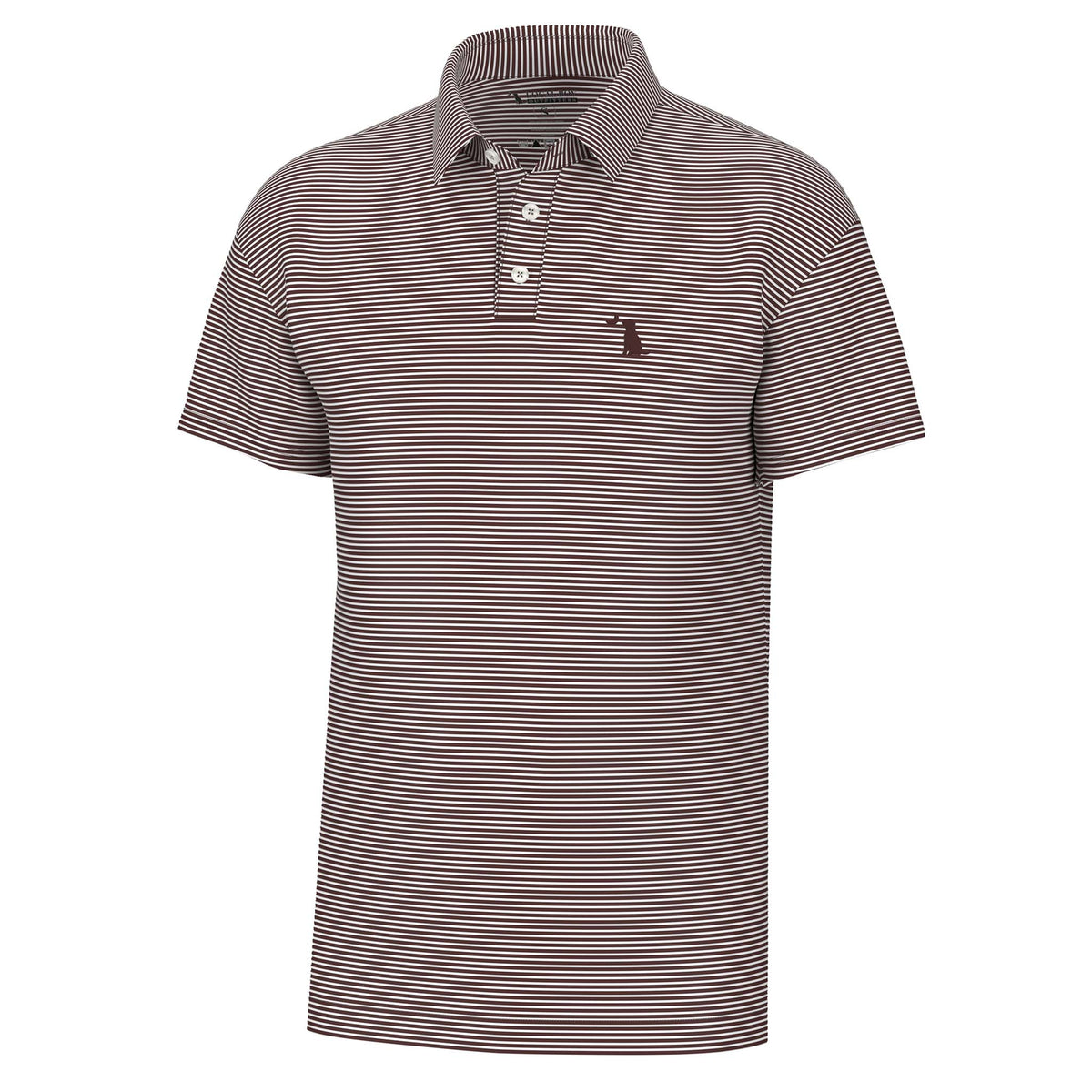 Local Boy Outfitters Driftwood Striped Polo in Maroon, short-sleeve design with thin stripes and embroidered dog logo on chest.