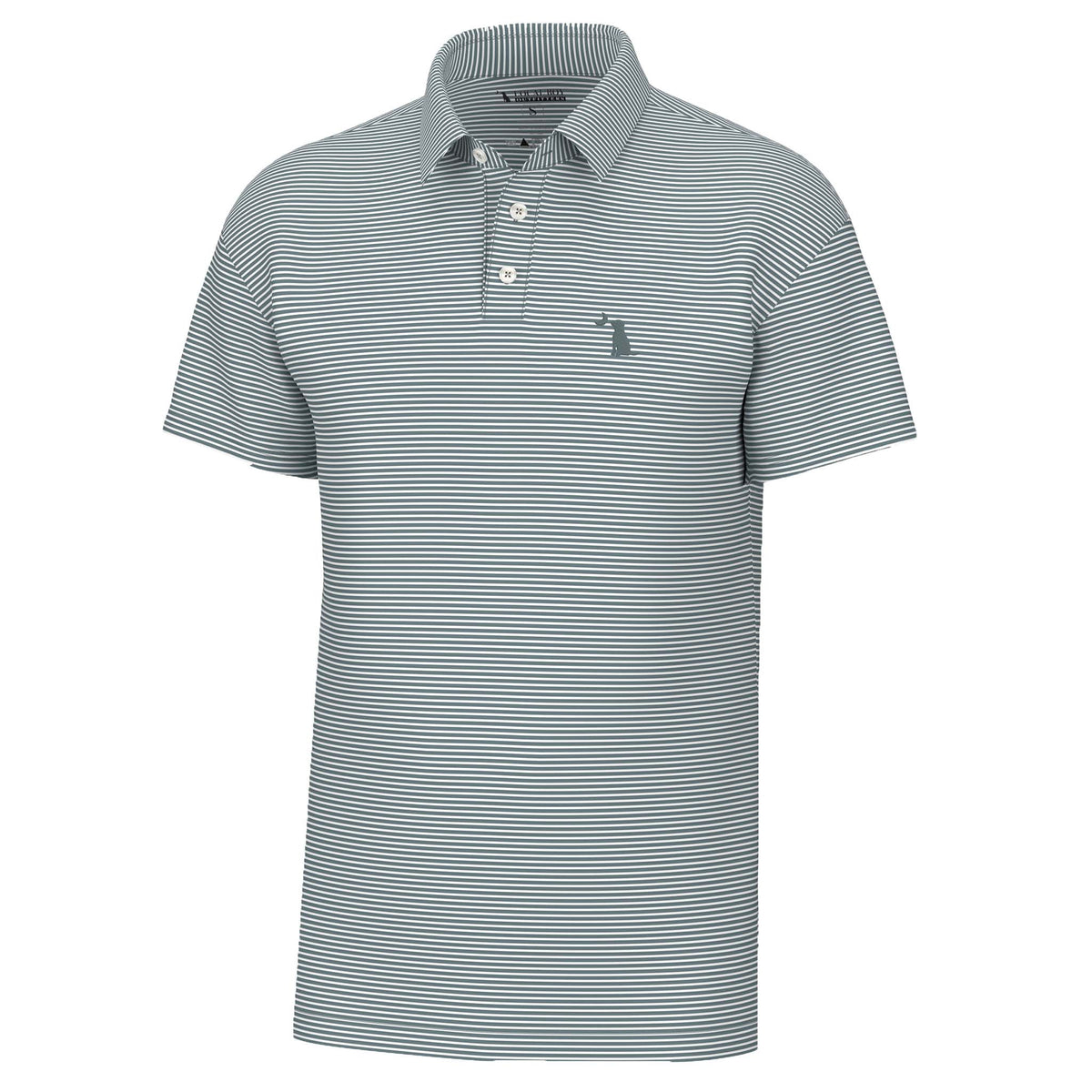Local Boy Outfitters Driftwood Striped Polo in Smoky Teal, short-sleeve striped polo with embroidered dog logo on chest.