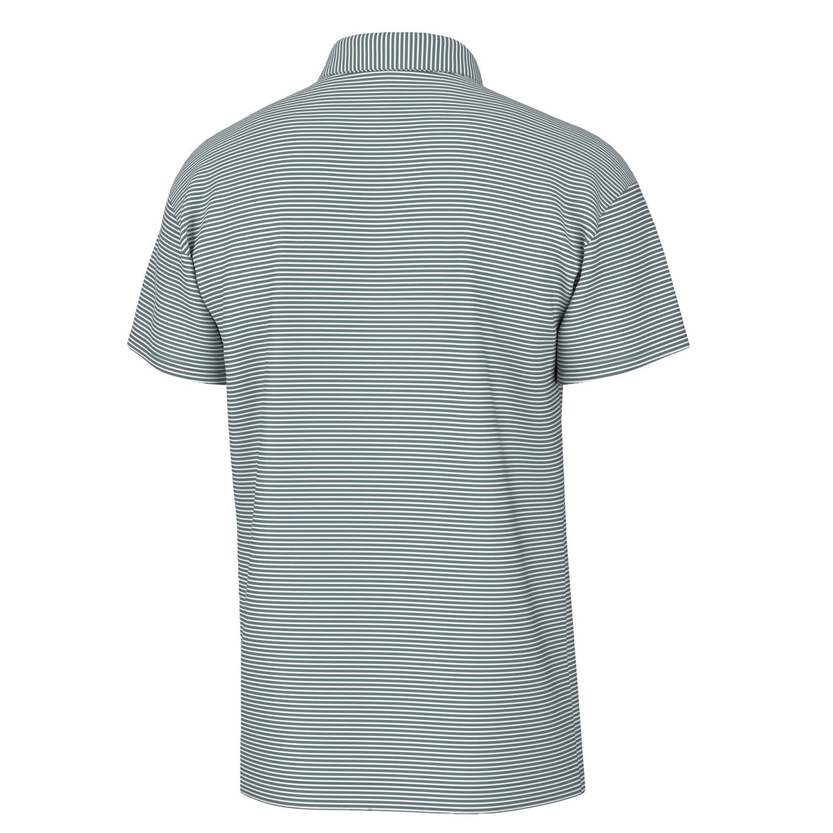 Back view of Local Boy Outfitters Driftwood Striped Polo in Smoky Teal with thin stripe pattern and classic polo collar.