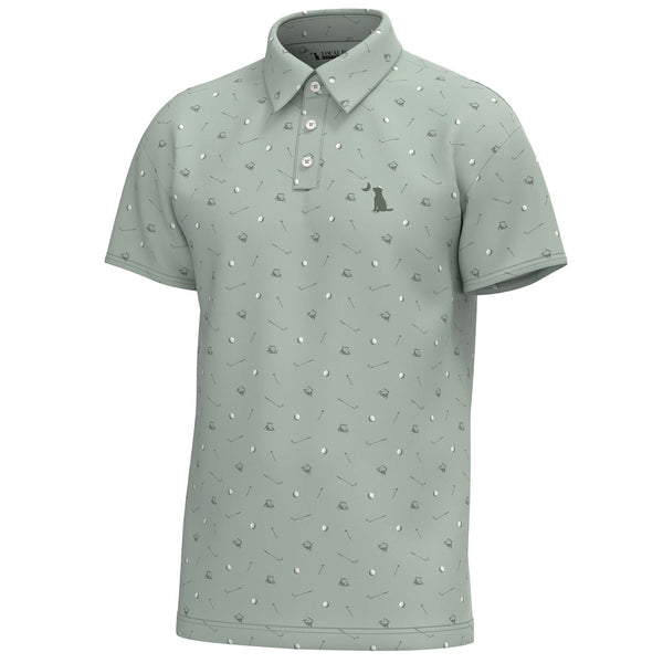 Green polo with golf balls, golf clubs, and golf carts printed all over.