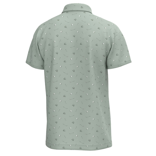 Green polo with golf balls, club, and golf carts printed all over.