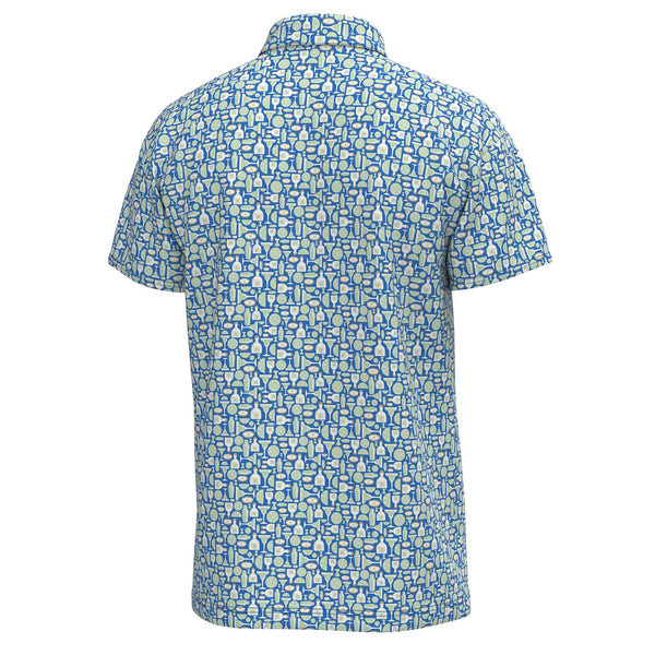 Short-sleeve shirt with a blue and green geometric pattern on a white background