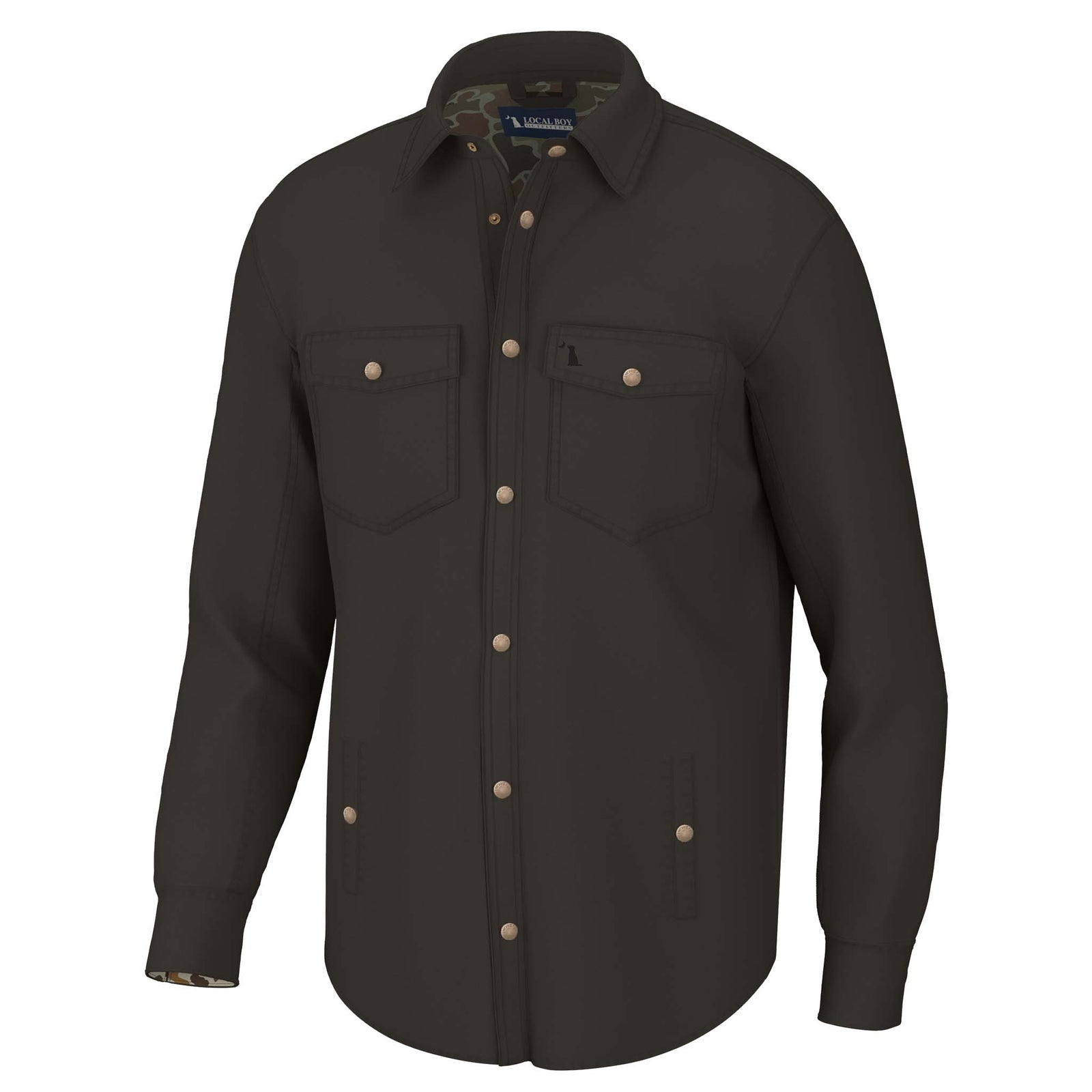 Dark brown button-up shacket with two front pockets on a white background
