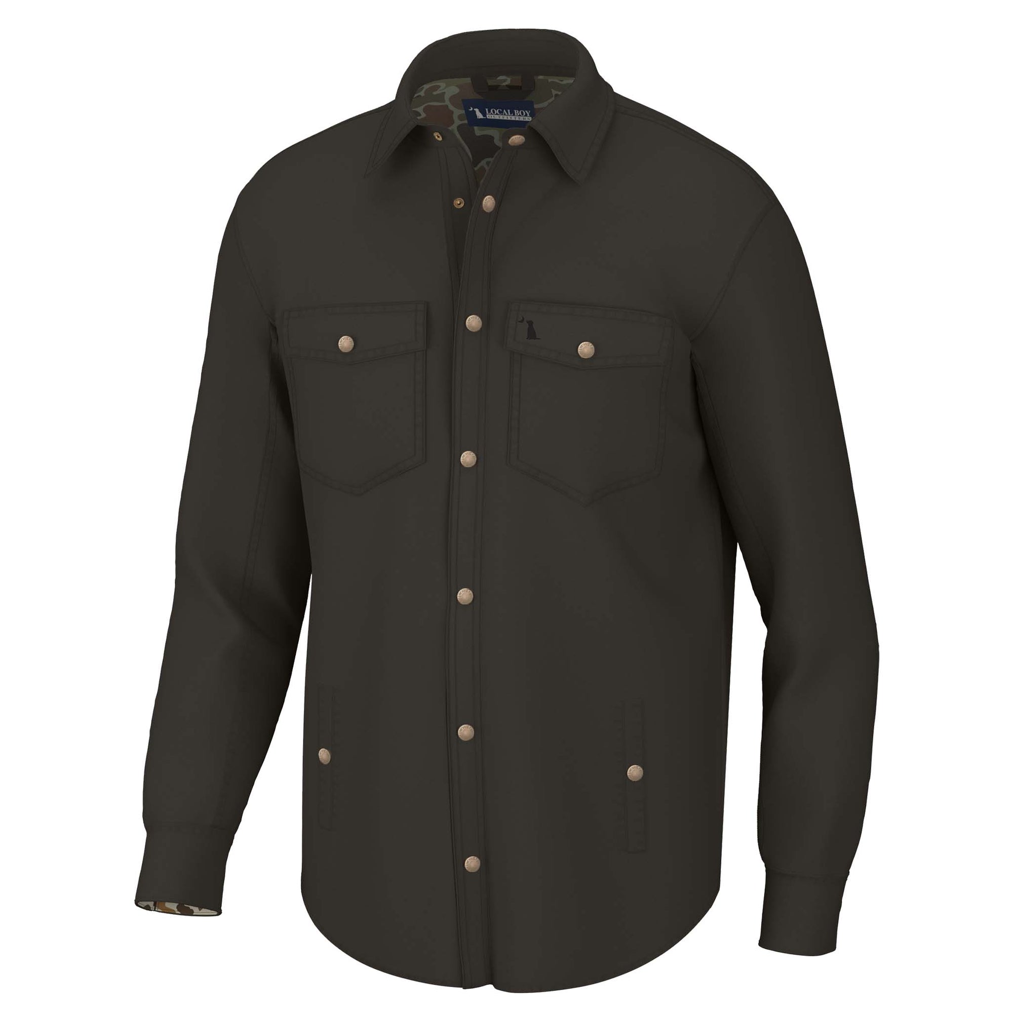 Dark brown button-up shacket with two front pockets on a white background
