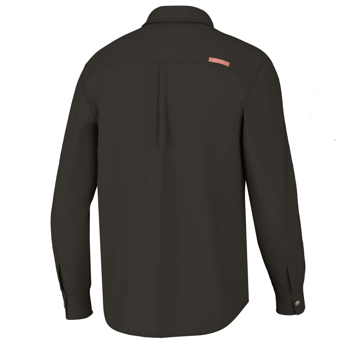 Brown shacket with a small red logo on the back on a white background