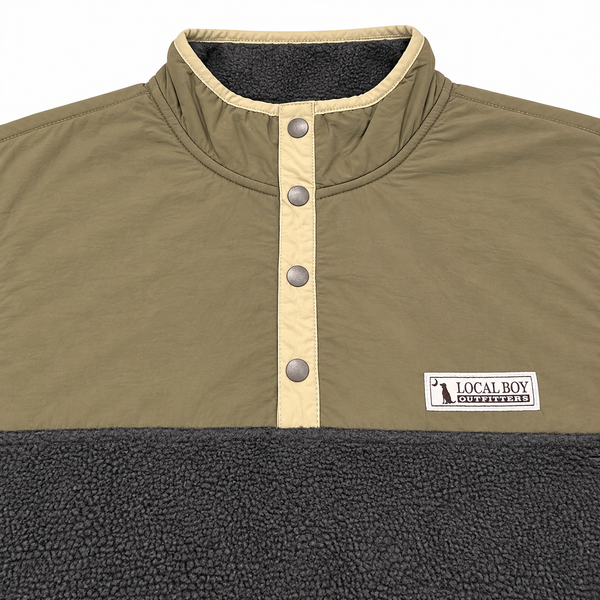Two Tone Quarter Snap Pullover in Olive and Black