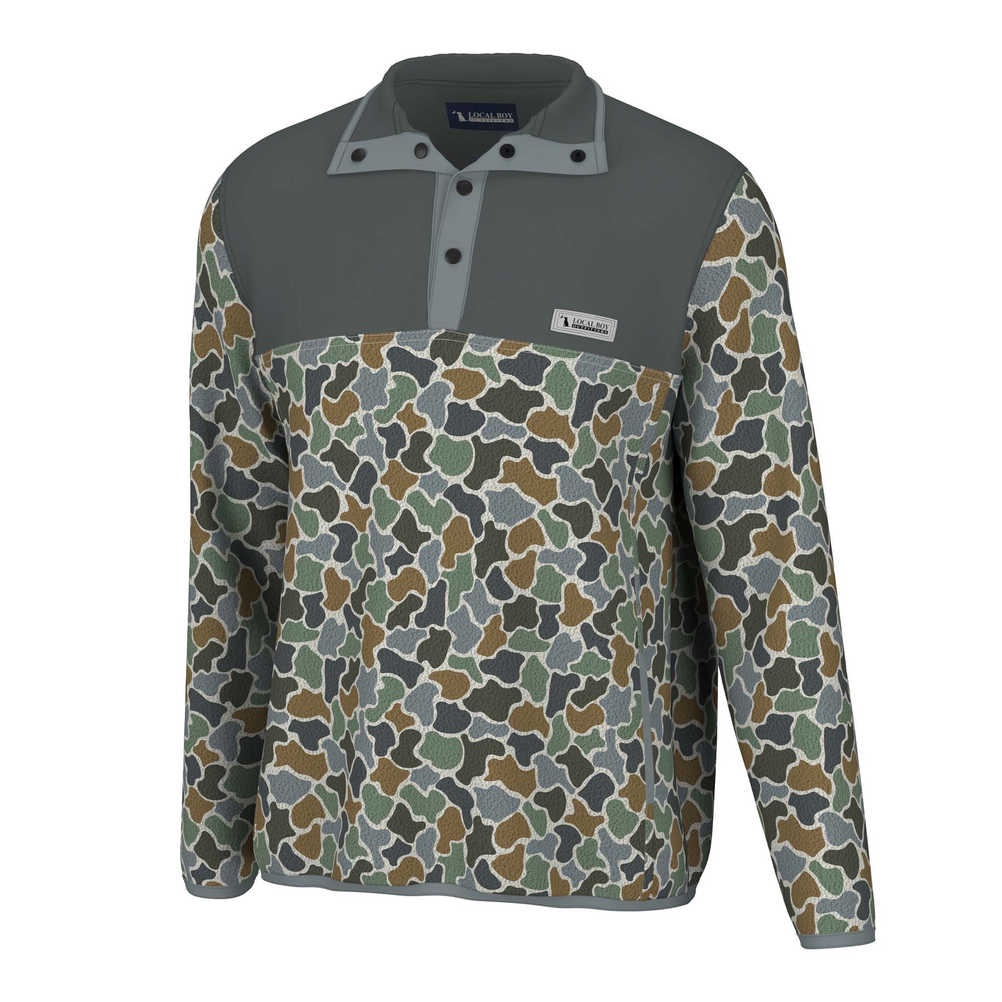 Front view of Local Boy Outfitters two-tone fleece snap pullover with camo-inspired body and sleeves, solid gray upper panel, and logo patch on chest.