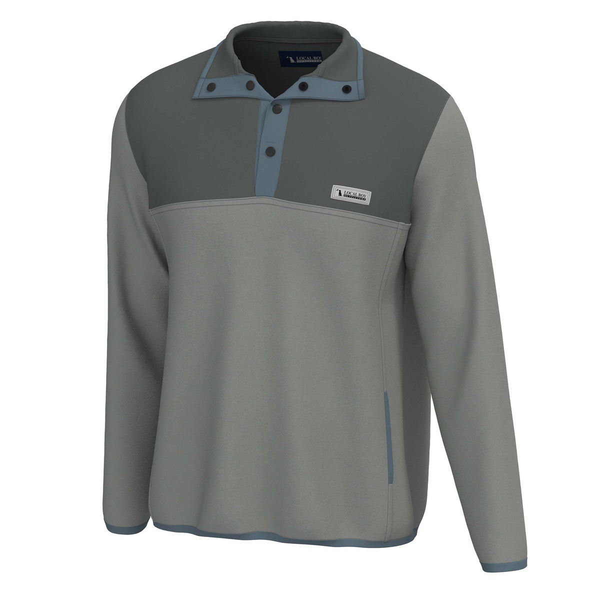Local Boy Outfitters men’s fleece snap pullover in Grey Light Grey with two-tone design, contrasting dark grey yoke, button placket, and chest logo patch.