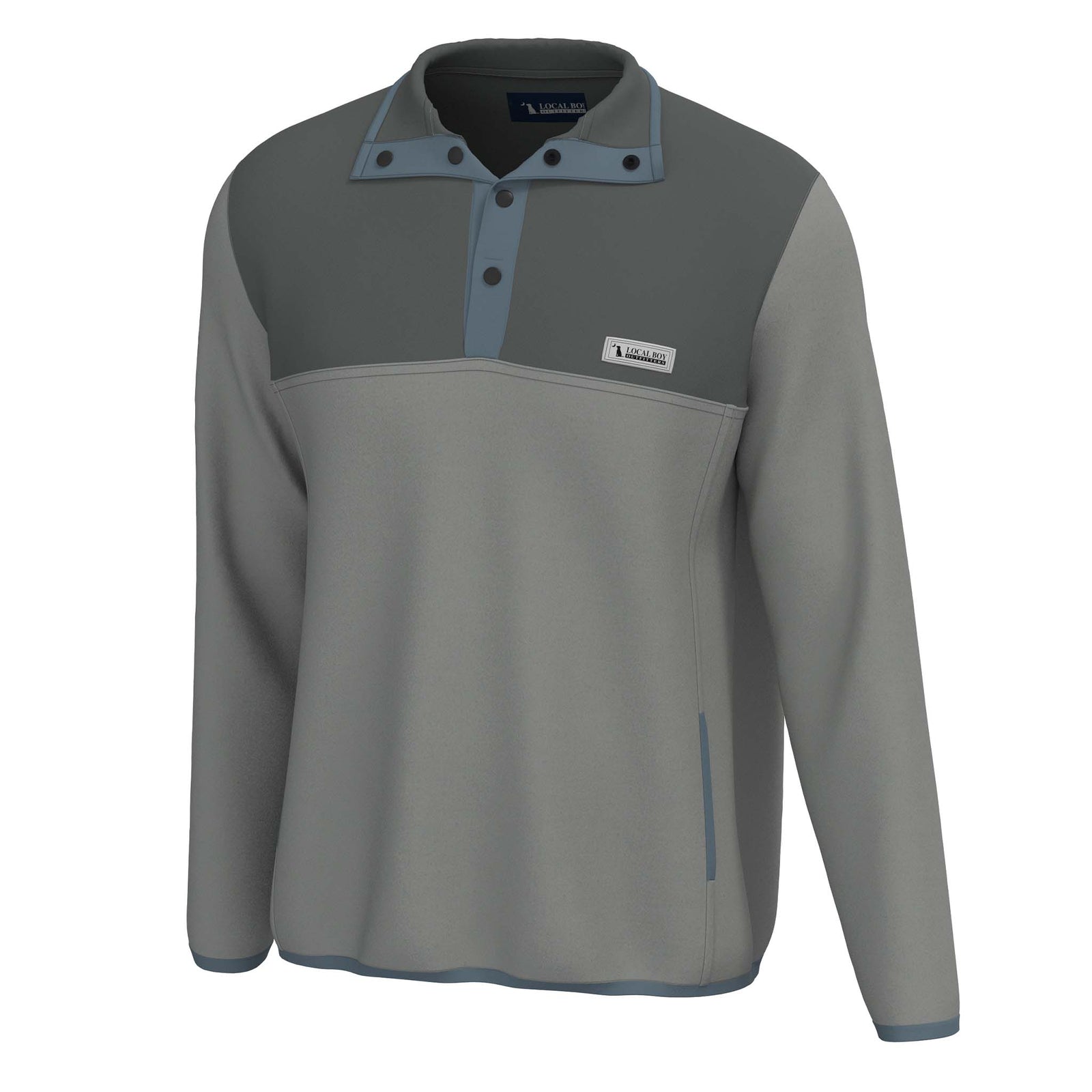 Local Boy Outfitters men’s fleece snap pullover in Grey Light Grey with two-tone design, contrasting dark grey yoke, button placket, and chest logo patch.