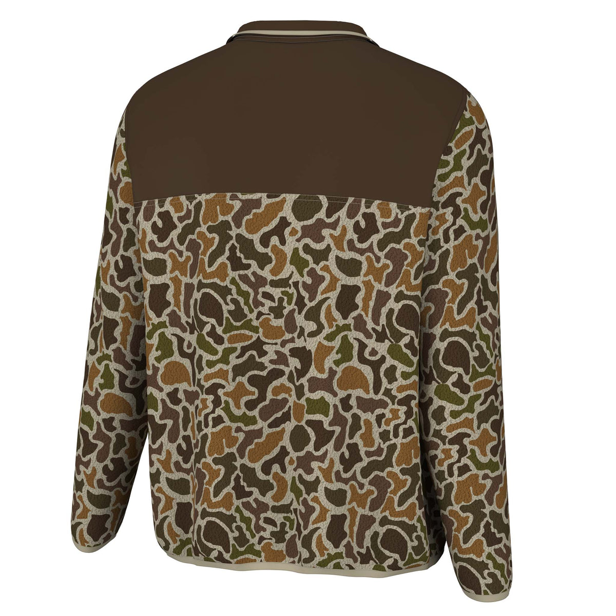 Back view of Local Boy Outfitters Men’s Vintage Local Camo Snap Pullover in allover vintage camo print with solid yoke.