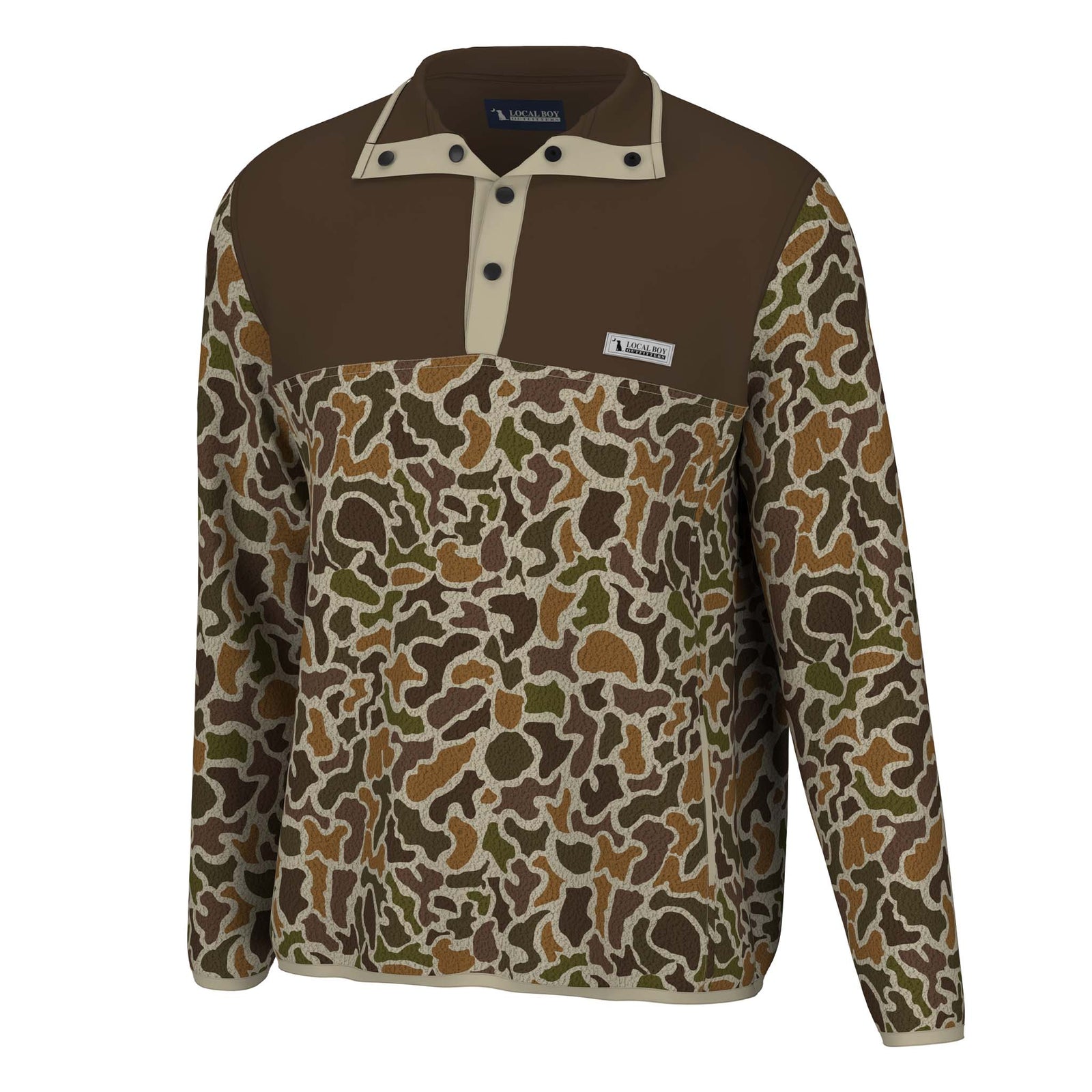 Front view of Local Boy Outfitters Men’s Vintage Local Camo Snap Pullover with contrast brown yoke and snap placket.