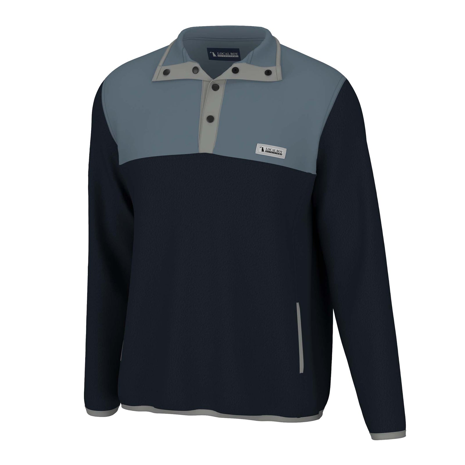 Two-tone pullover with dark blue and gray design on a white background