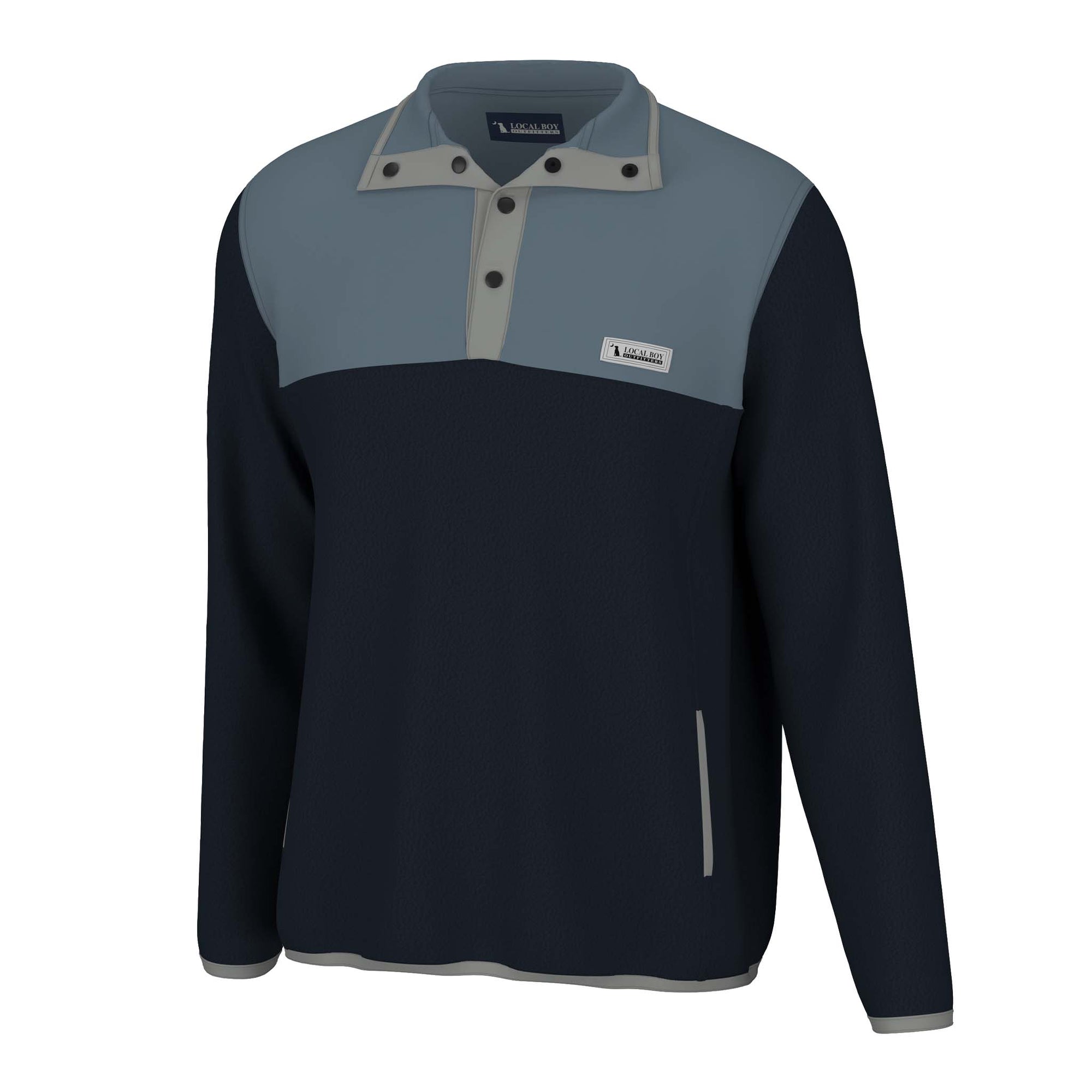 Two-tone pullover with dark blue and gray design on a white background