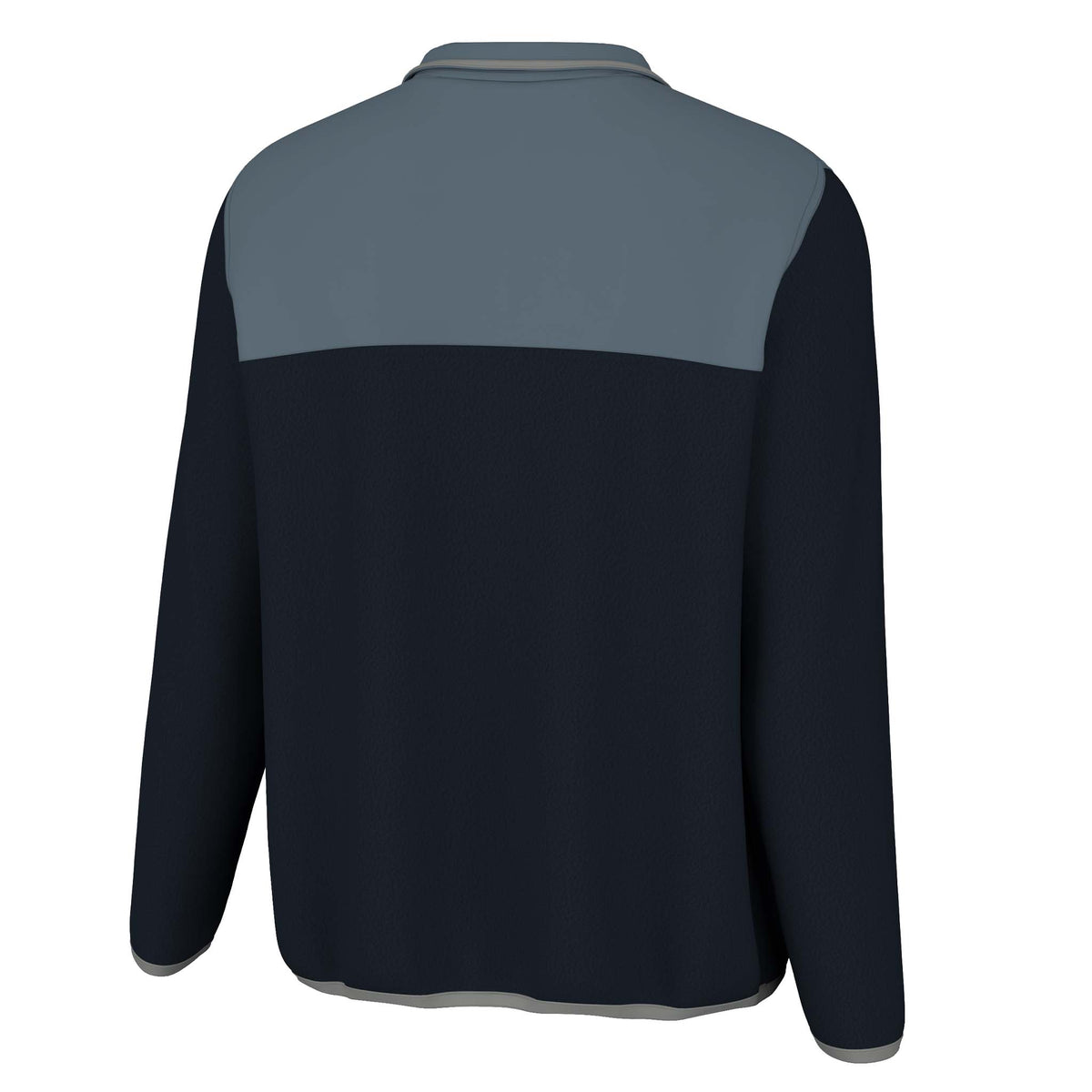 Back view of a two-tone pullover with dark blue and gray design on a white background