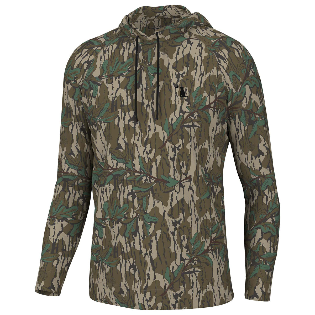 Front view of a men’s camo hoodie with green leaf and bark print, black drawstrings, and a black deer head logo on the left chest.