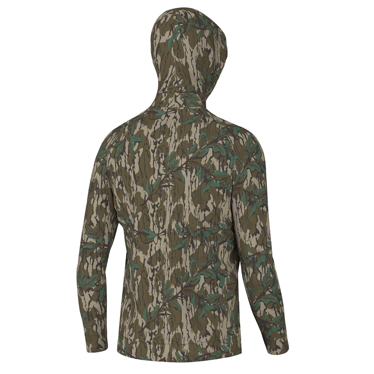Back view of a men’s camo hoodie featuring a green leaf and bark print with an attached hood and long sleeves.