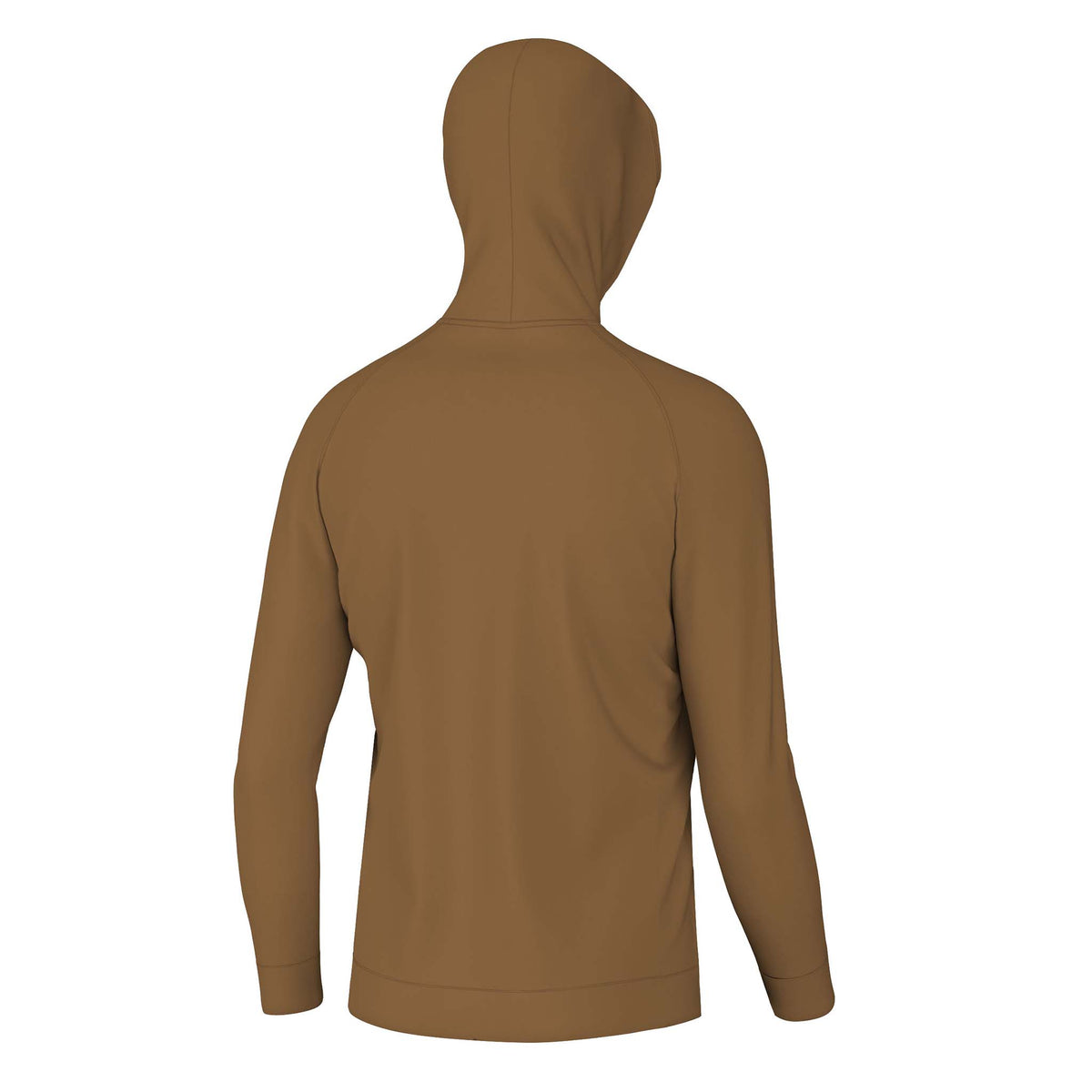 back of local boy outfitters long sleeve hoodie in rust brown featuring the hood raised to show style.