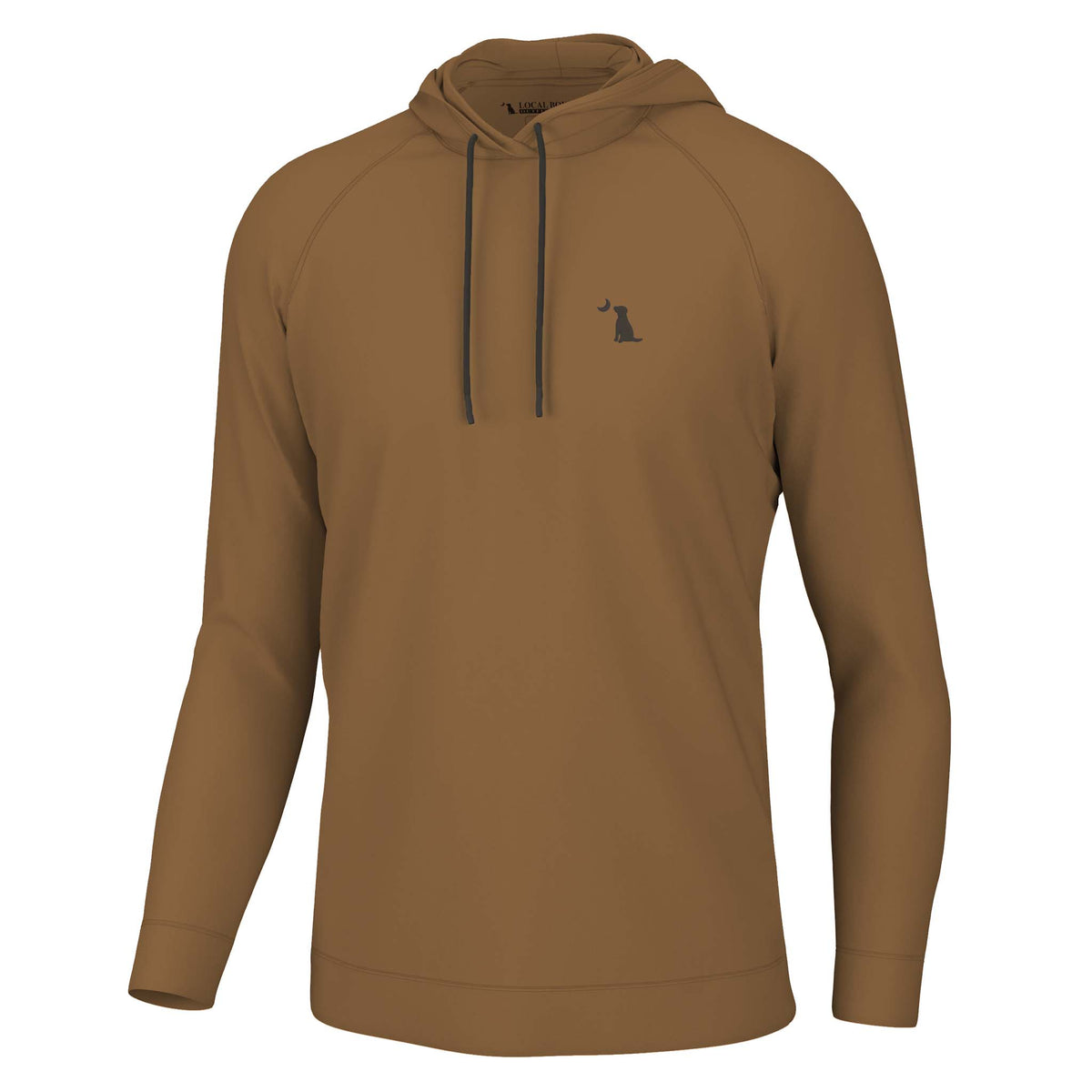 front of local boy outfitters long sleeve hoodie in rust brown featuring embroidered logo on left chest and drawstrings on hood.
