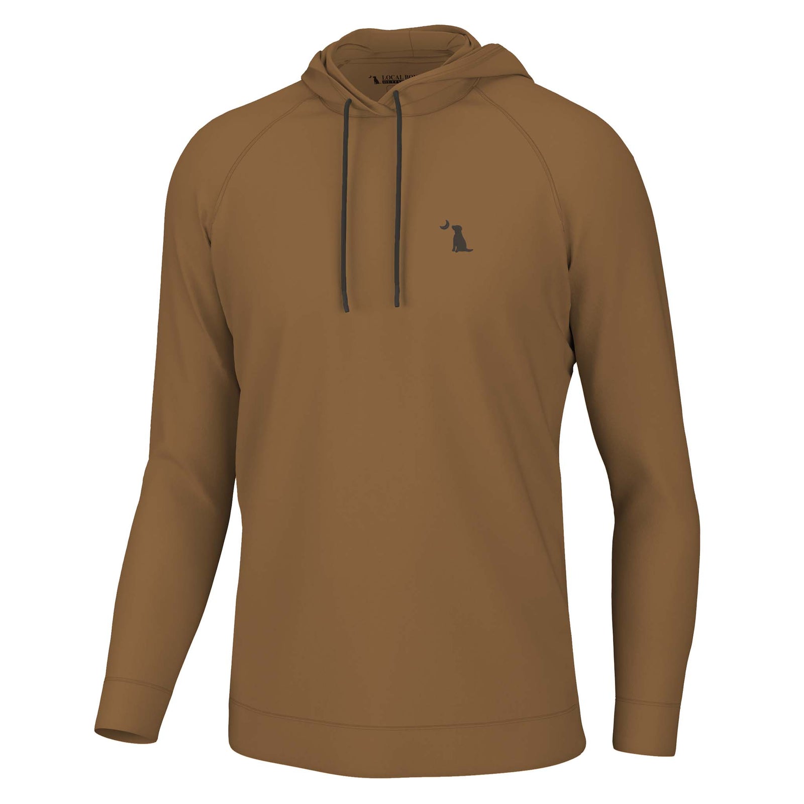 front of local boy outfitters long sleeve hoodie in rust brown featuring embroidered logo on left chest and drawstrings on hood.