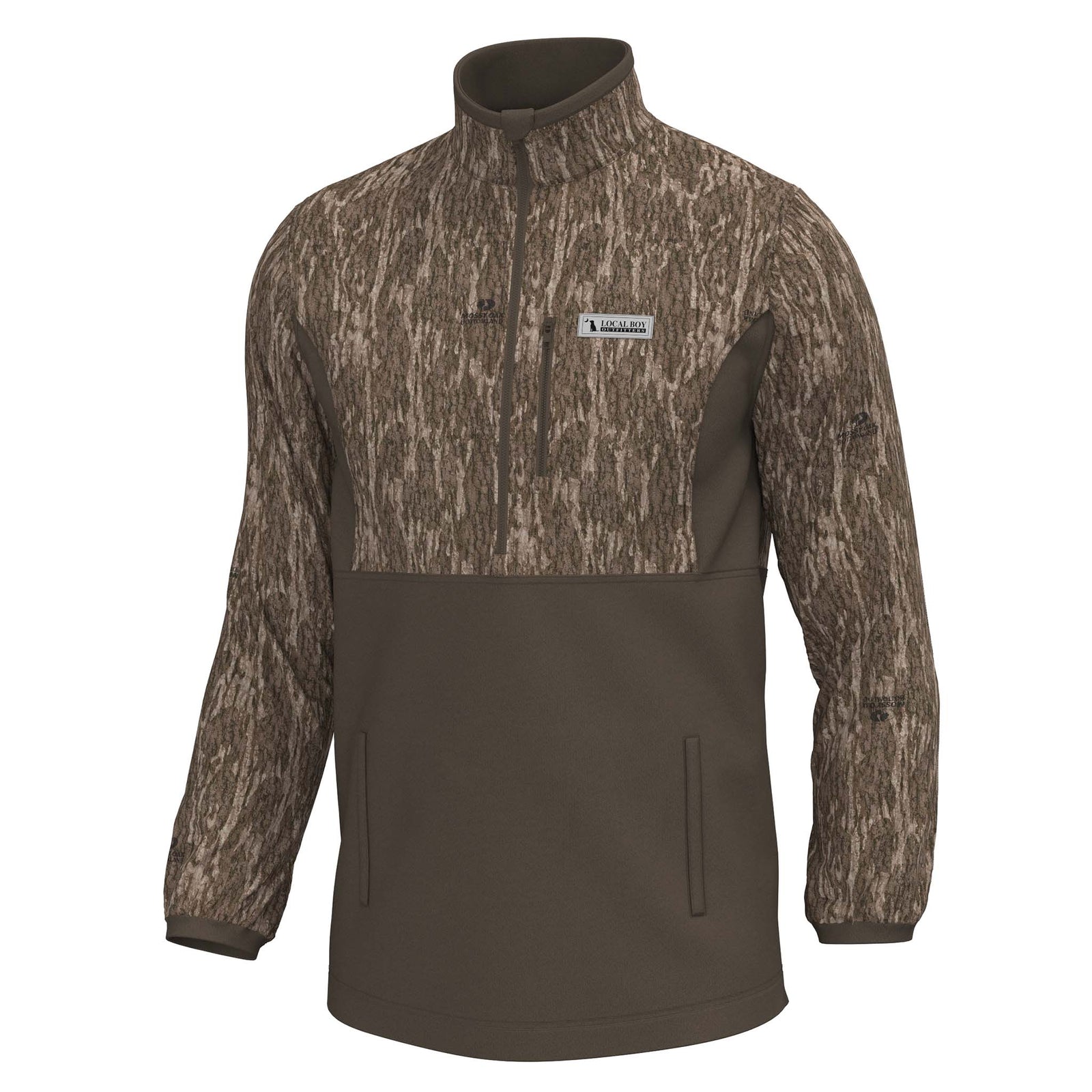 Camouflage pullover with a brand logo on a white background