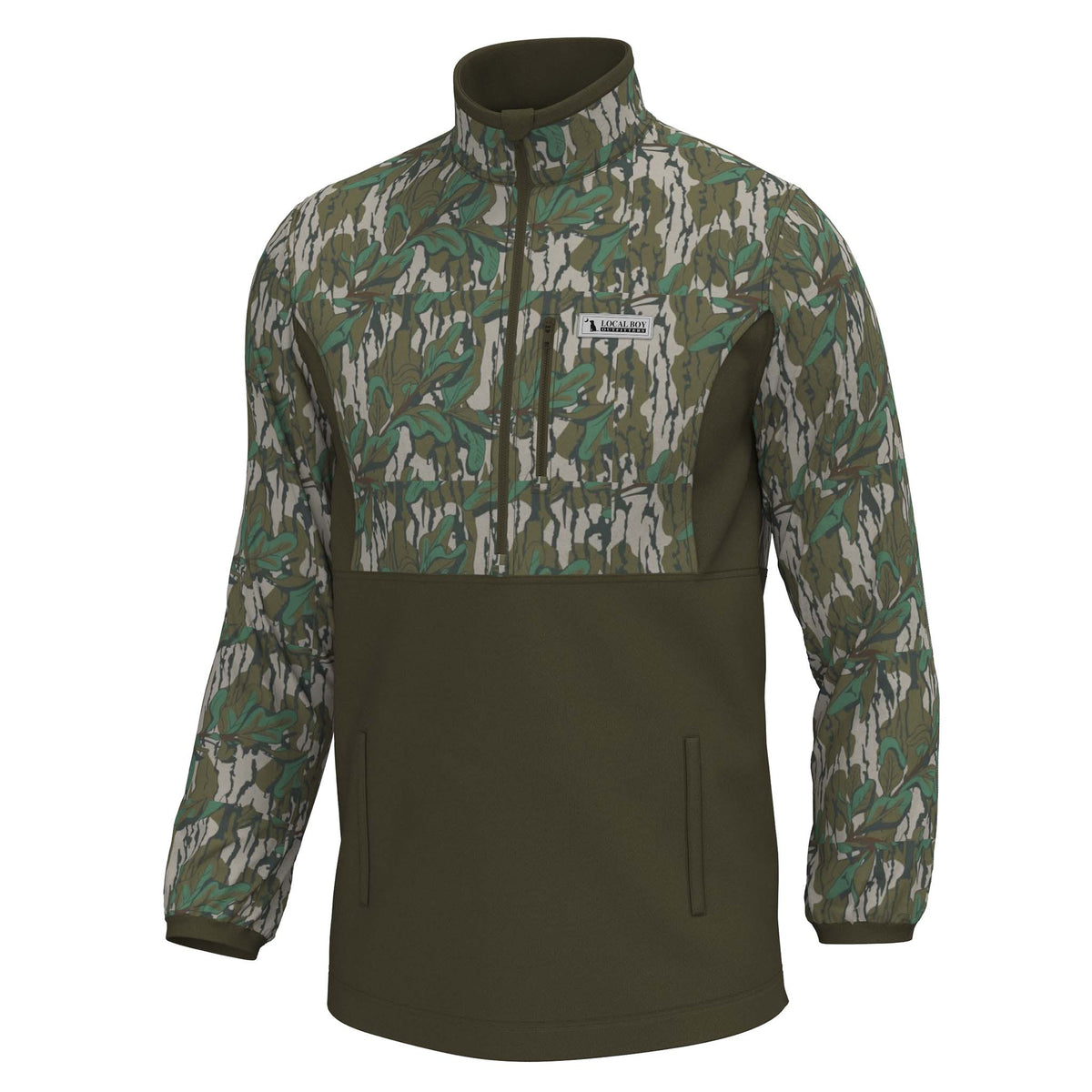 Camouflage jacket with a visible brand logo on a white background