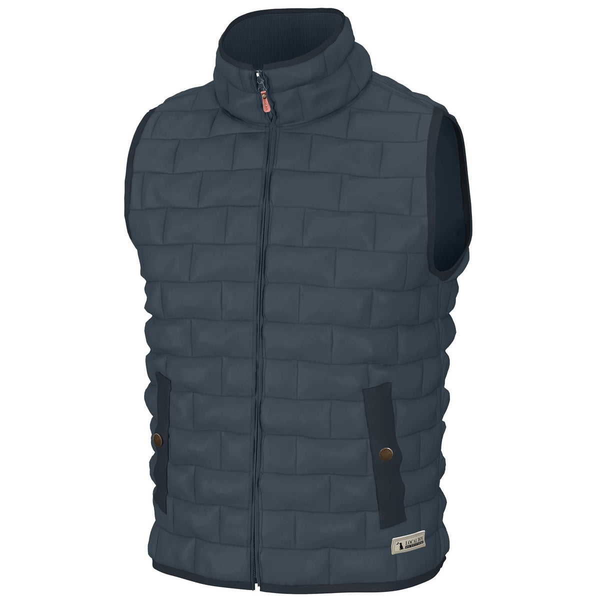 Blue quilted vest with a zipper on a white background