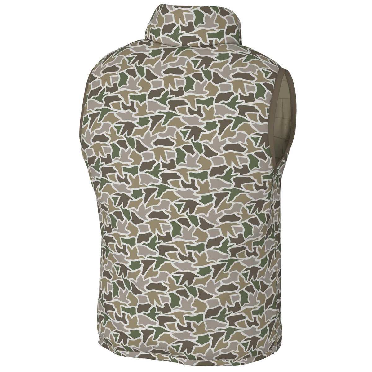 Duck camo men’s puffer vest with high collar, sleeveless cut, and allover camo print shown from the back.
