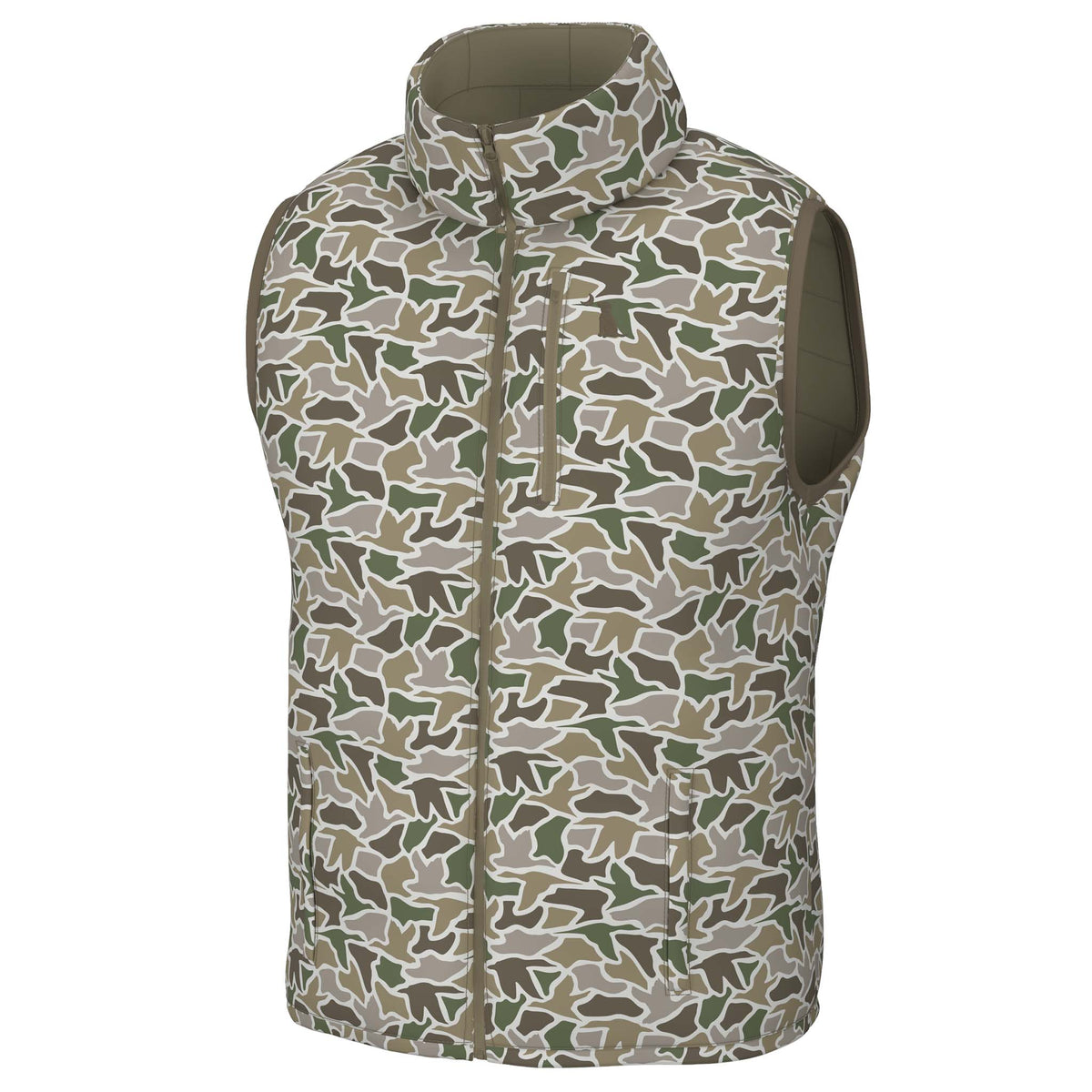 Duck camo men’s puffer vest with high collar, full zip front, chest zip pocket, and two side pockets.